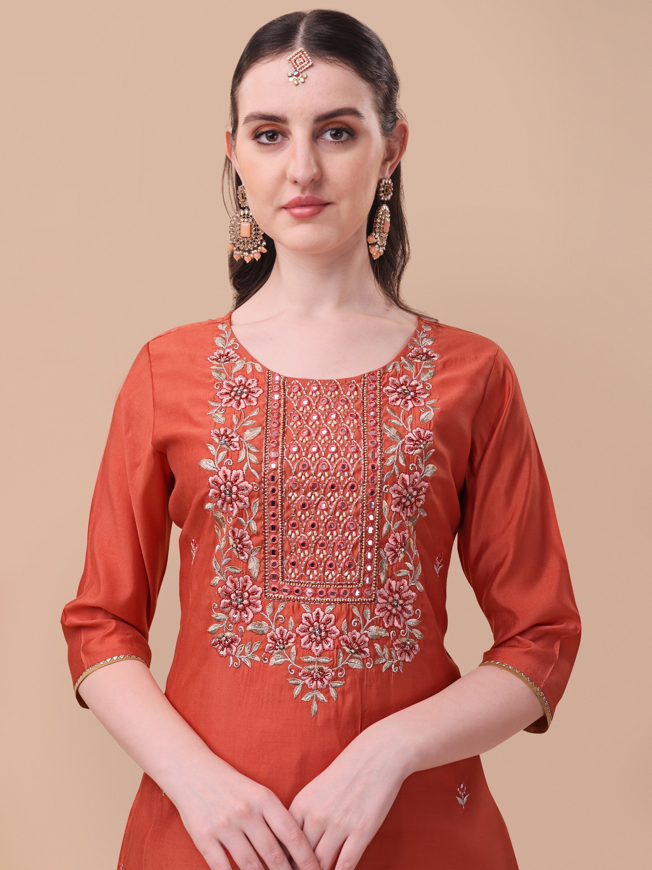 Embroidered Kurta With Pant And Printed Dupatta Set, Multicolor - Hiral Fashion - Distacart