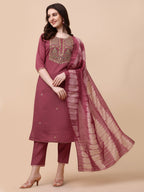 Embroidered Kurta With Pant And Dupatta Set, Multicolor - Hiral Fashion