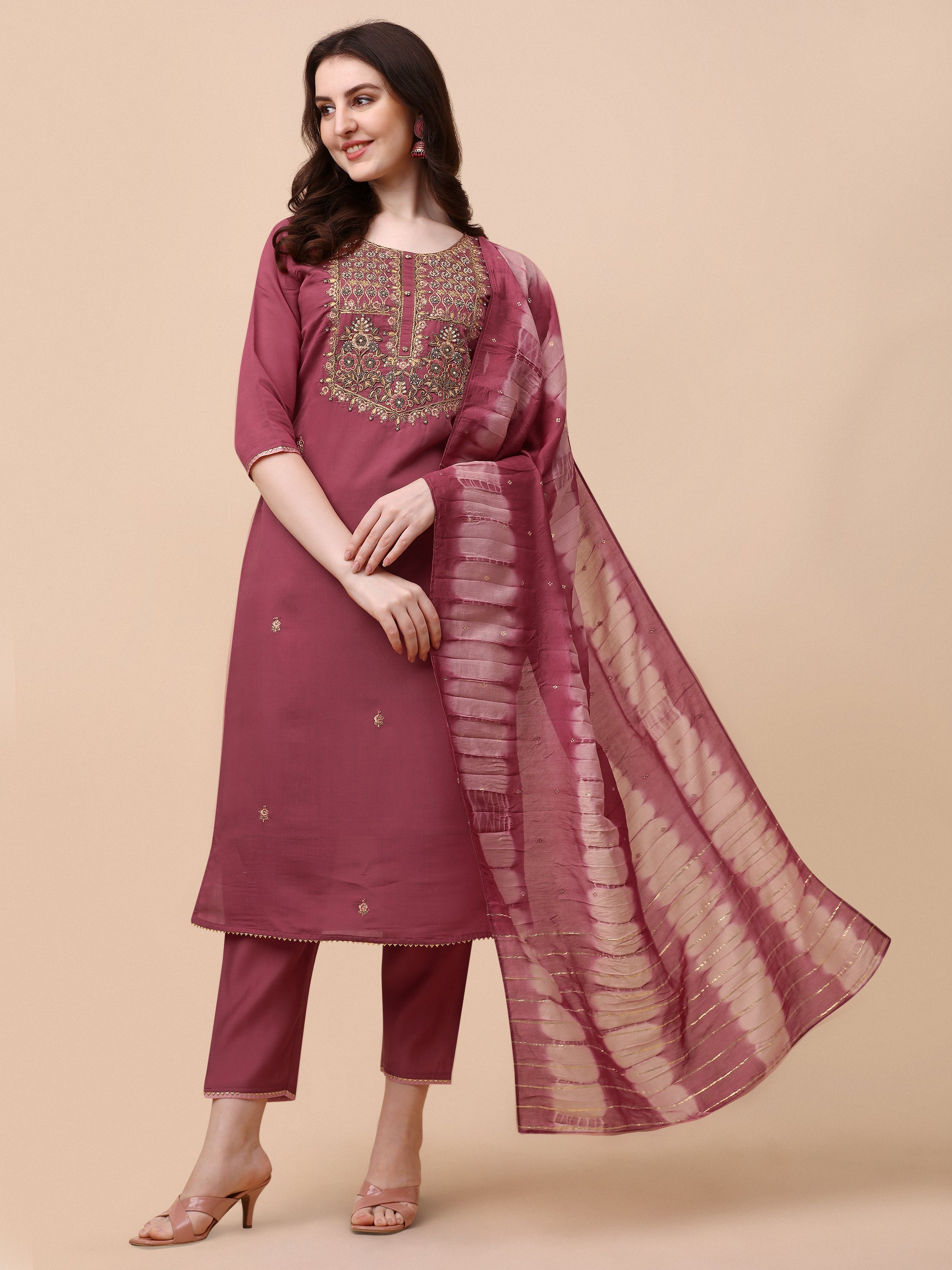 Embroidered Kurta With Pant And Dupatta Set, Multicolor - Hiral Fashion