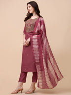 Embroidered Kurta With Pant And Dupatta Set, Multicolor - Hiral Fashion