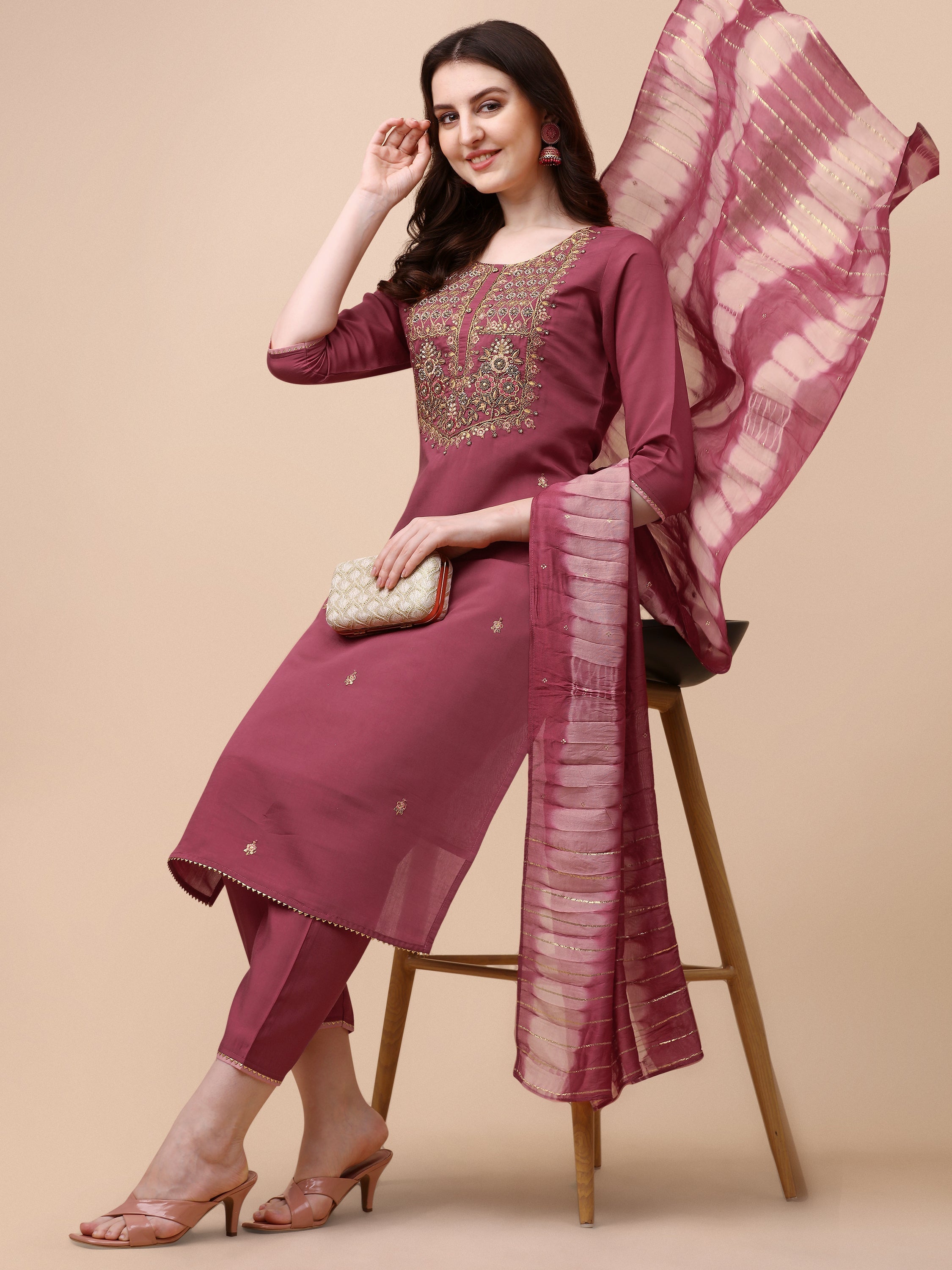 Embroidered Kurta With Pant And Dupatta Set, Multicolor - Hiral Fashion
