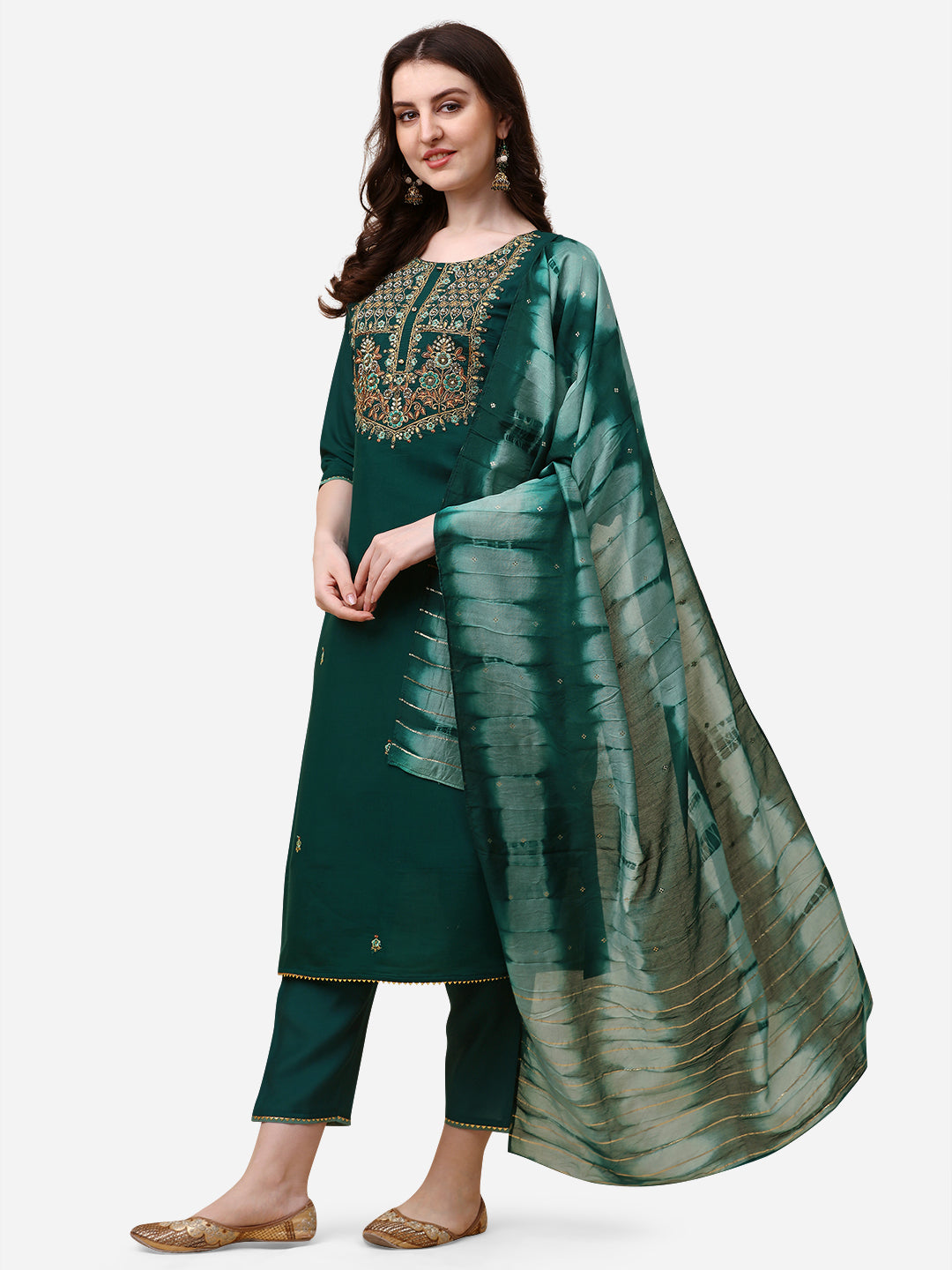Embroidered Kurta With Pant And Dupatta Set, Multicolor - Hiral Fashion - Distacart