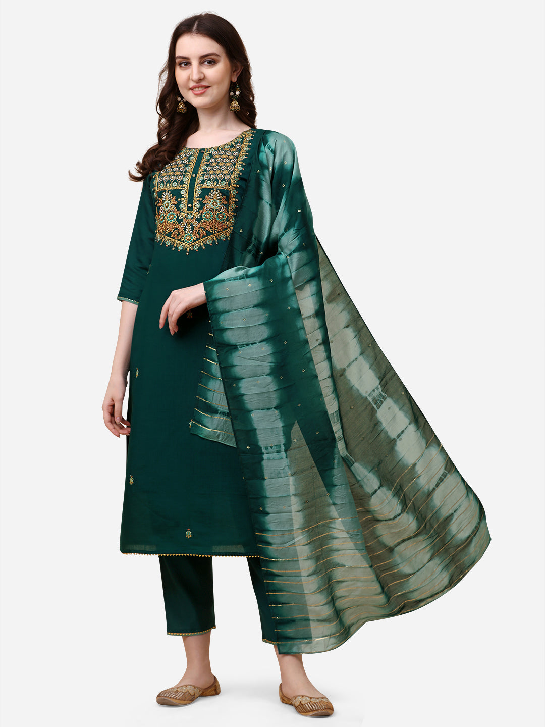 Embroidered Kurta With Pant And Dupatta Set, Multicolor - Hiral Fashion - Distacart