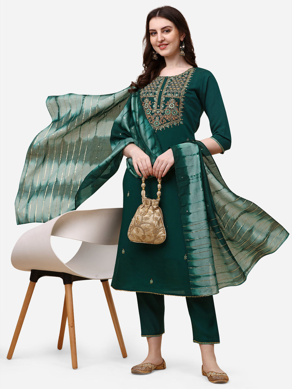 Embroidered Kurta With Pant And Dupatta Set, Multicolor - Hiral Fashion - Distacart