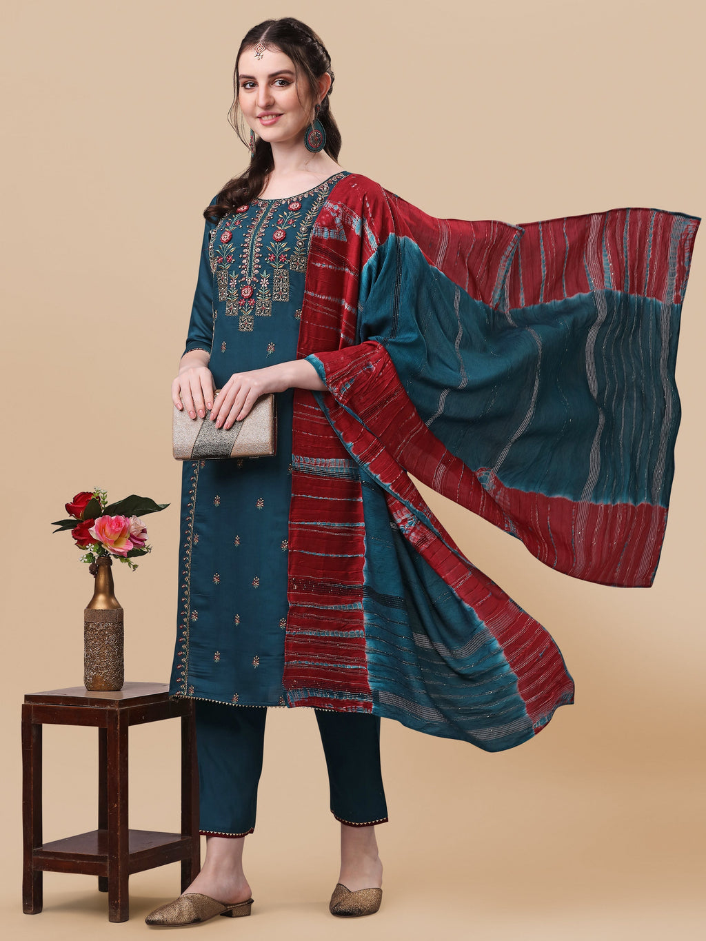 Printed Kurta With Pant And Dupatta Set, Multicolor - Hiral Fashion - Distacart