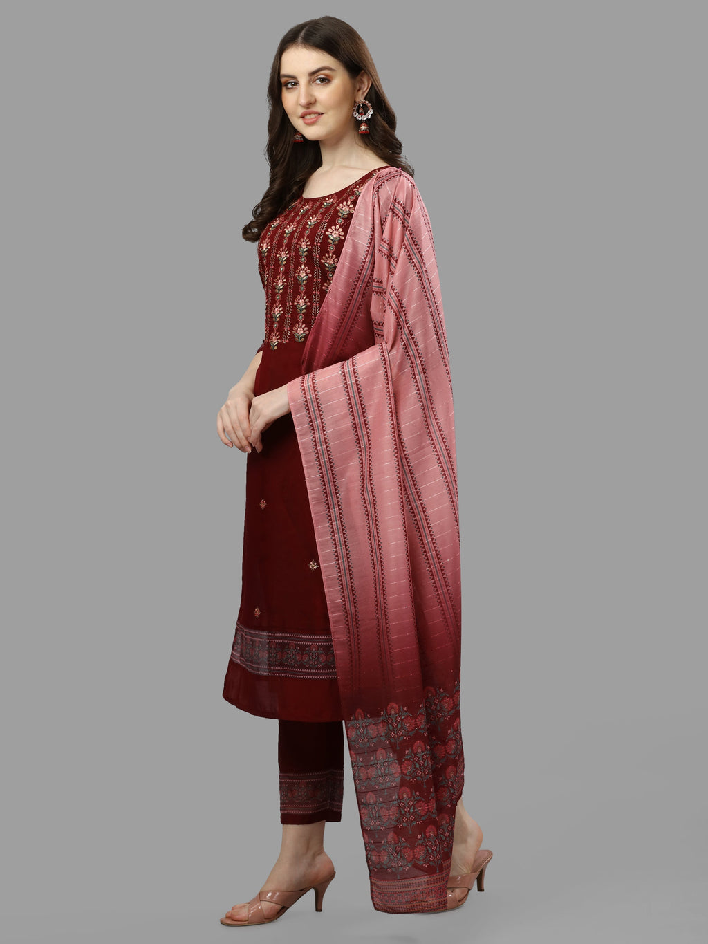 Thread Embroidered Kurta With Pant And Dupatta Set, Multicolor - Hiral Fashion