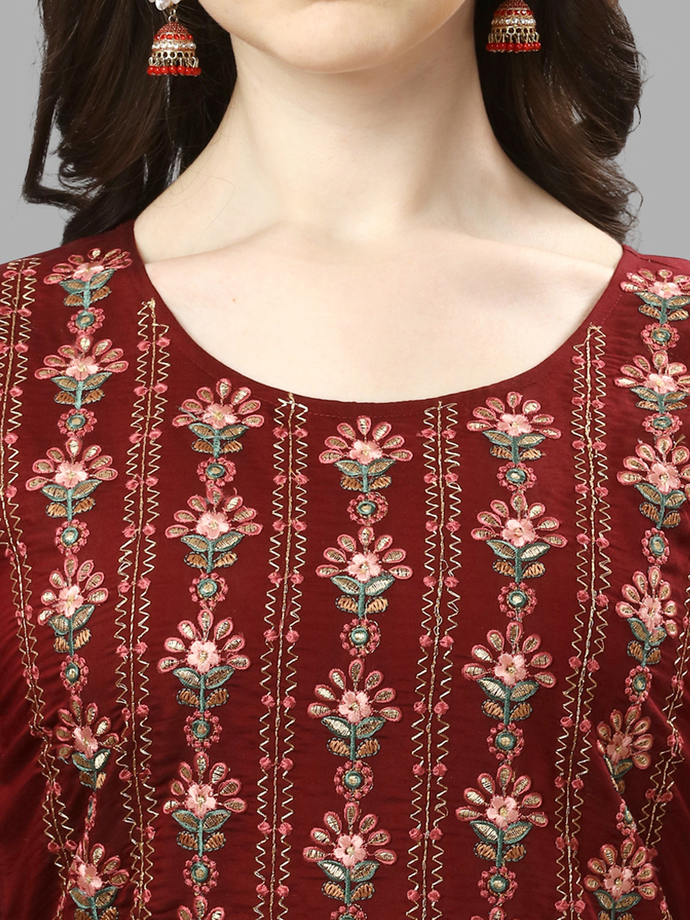 Thread Embroidered Kurta With Pant And Dupatta Set, Multicolor - Hiral Fashion