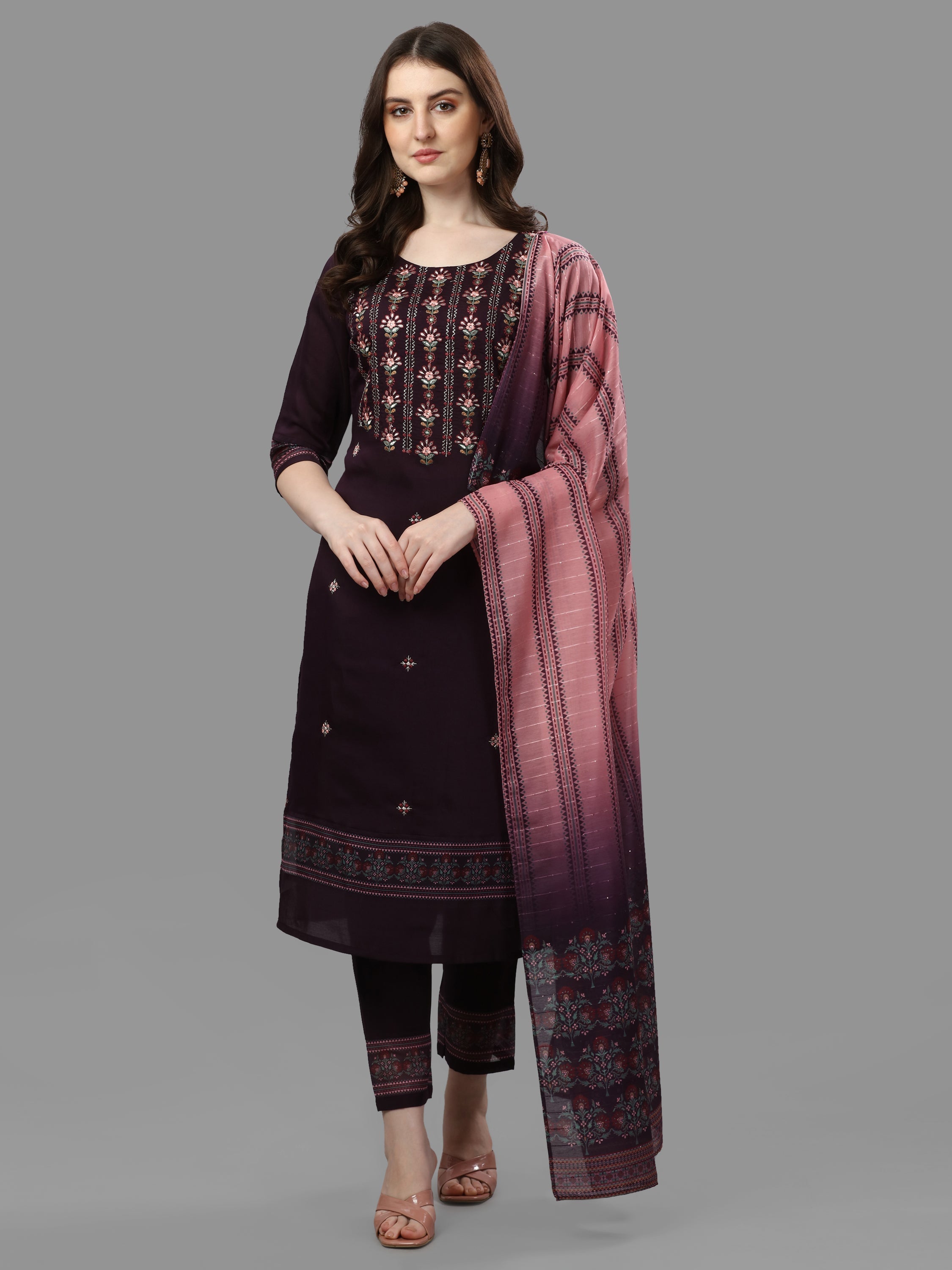 Thread Embroidered Kurta With Pant And Dupatta Set, Multicolor - Hiral Fashion - Distacart