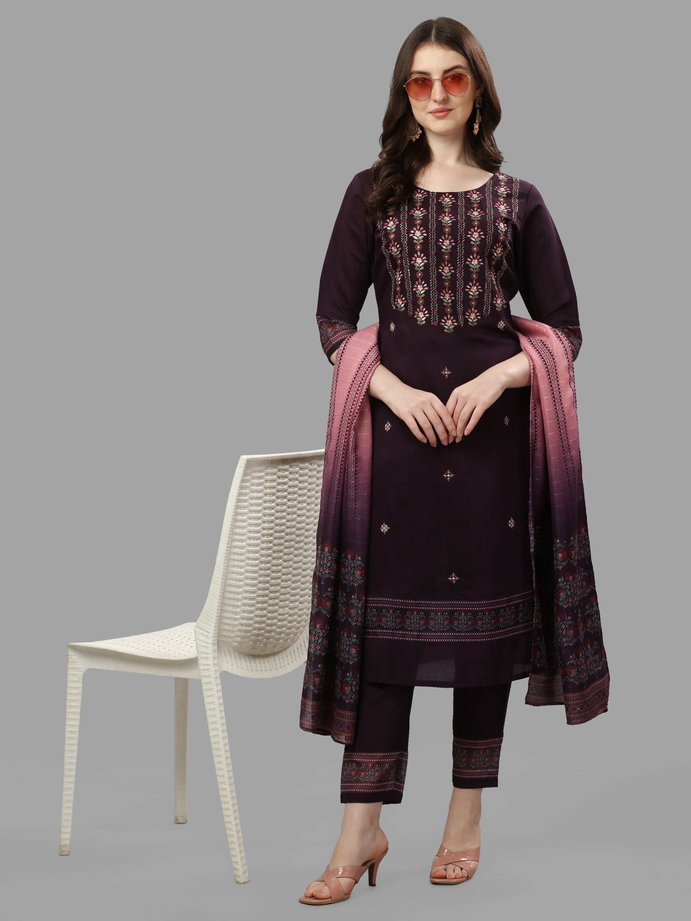 Thread Embroidered Kurta With Pant And Dupatta Set, Multicolor - Hiral Fashion - Distacart