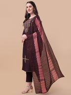 Embroidered Kurta With Pant & Dupatta Set, Multicolor - Hiral Fashion - Distacart