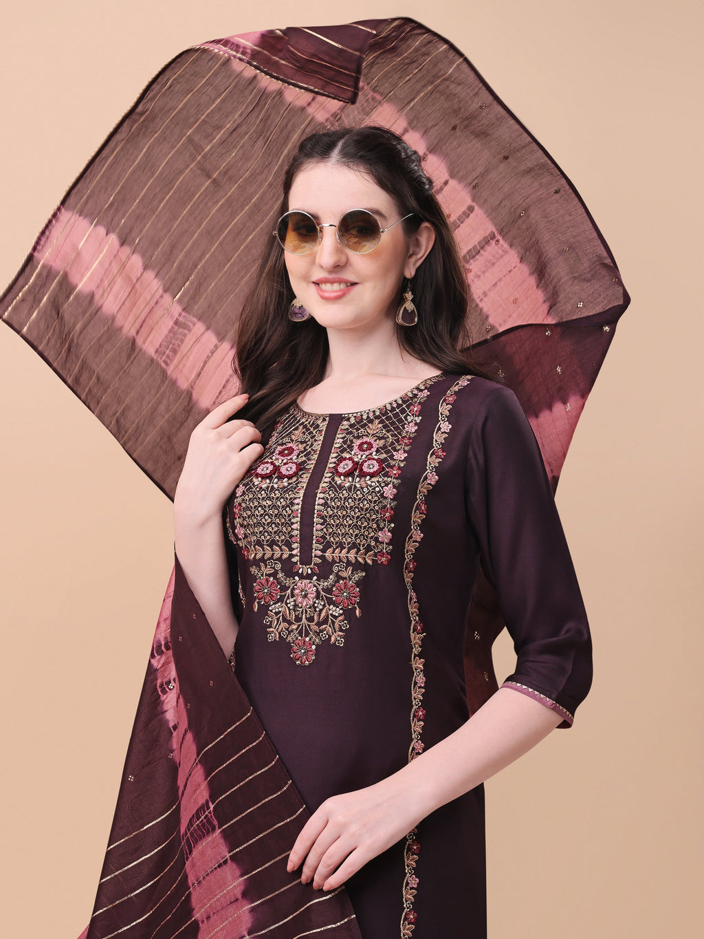 Embroidered Kurta With Pant & Dupatta Set, Multicolor - Hiral Fashion - Distacart
