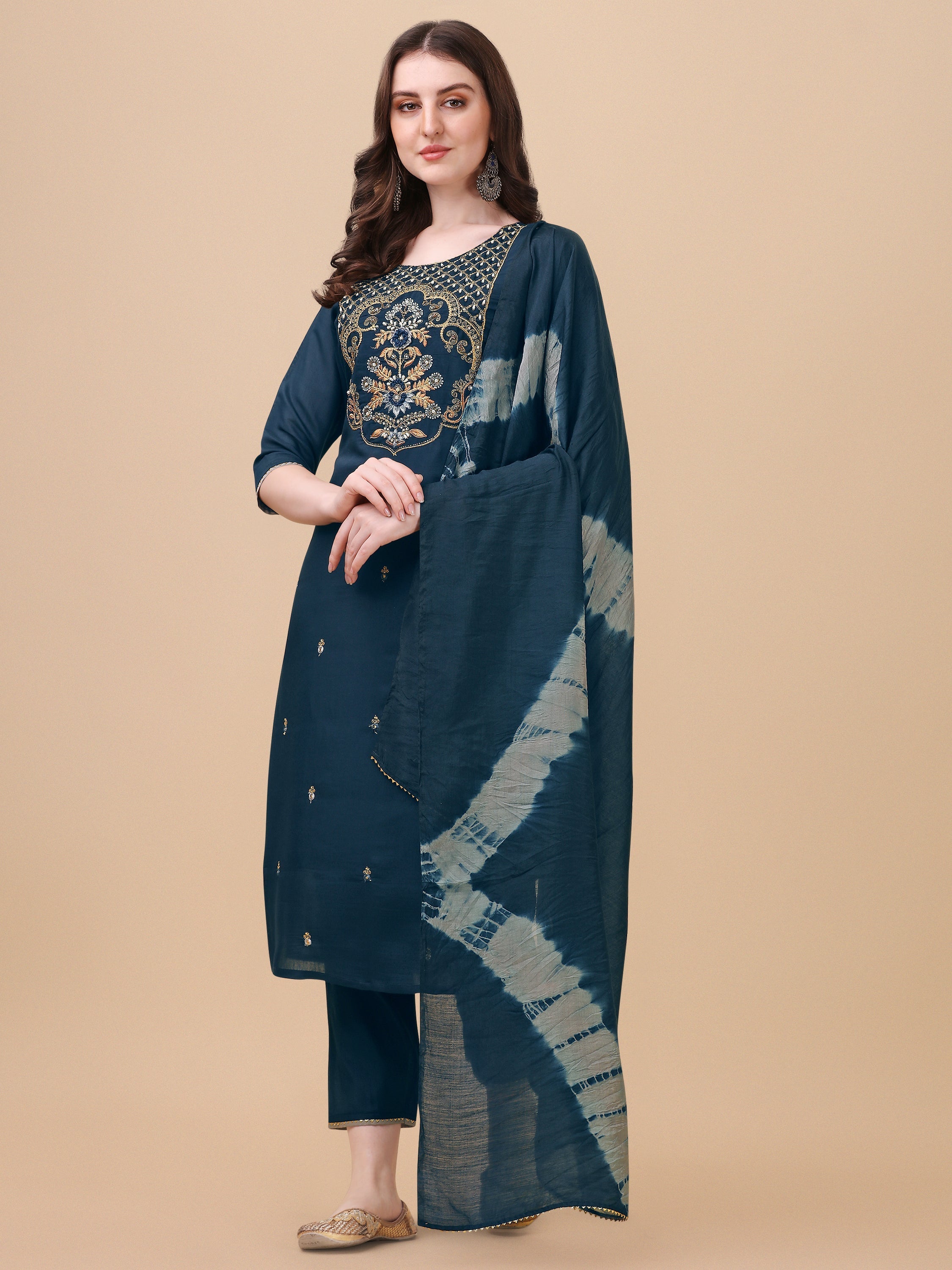 Embroidered Kurta With Pant And Dupatta Set, Multicolor - Hiral Fashion