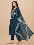 Embroidered Kurta With Pant And Dupatta Set, Multicolor - Hiral Fashion