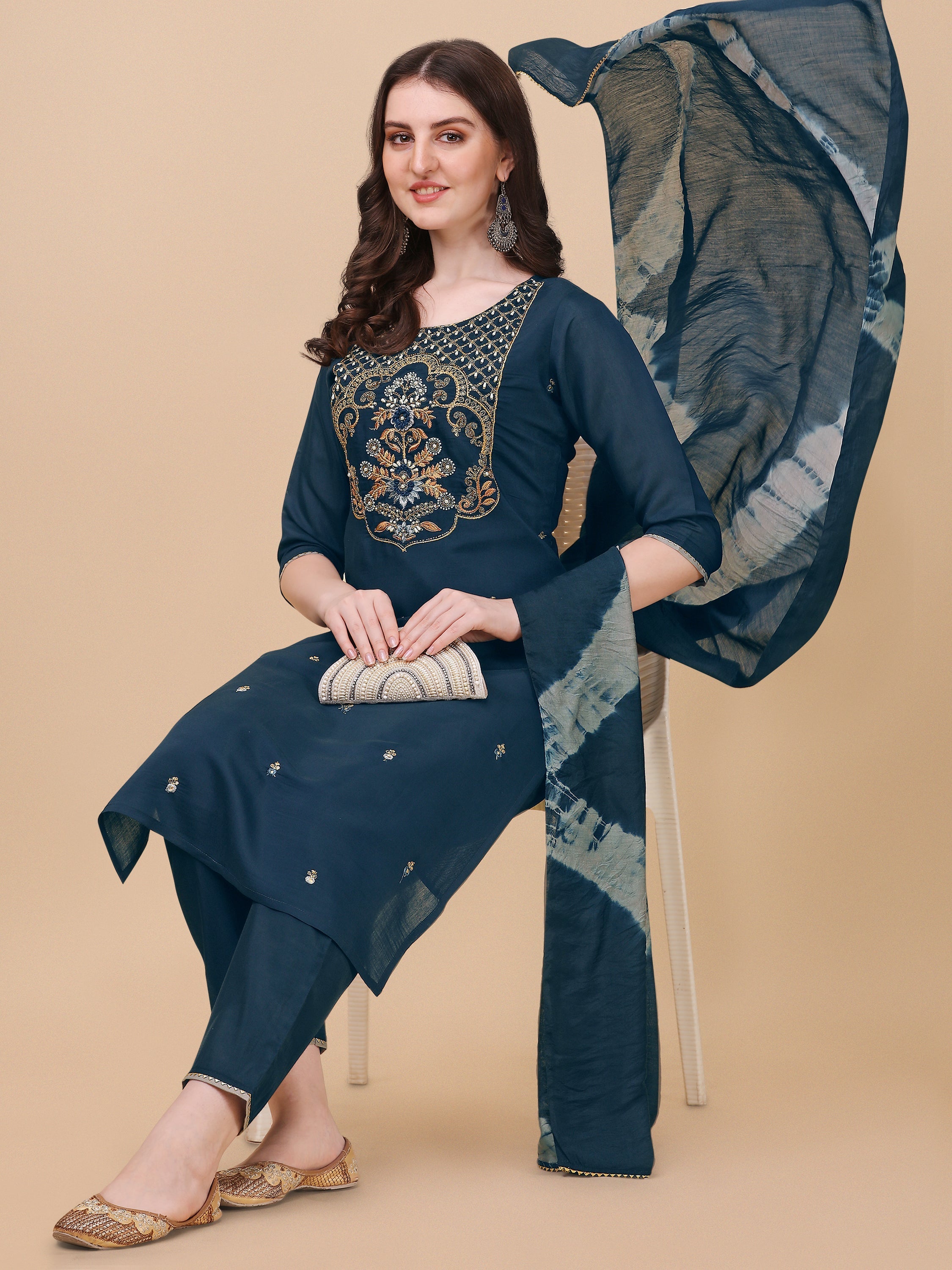 Embroidered Kurta With Pant And Dupatta Set, Multicolor - Hiral Fashion
