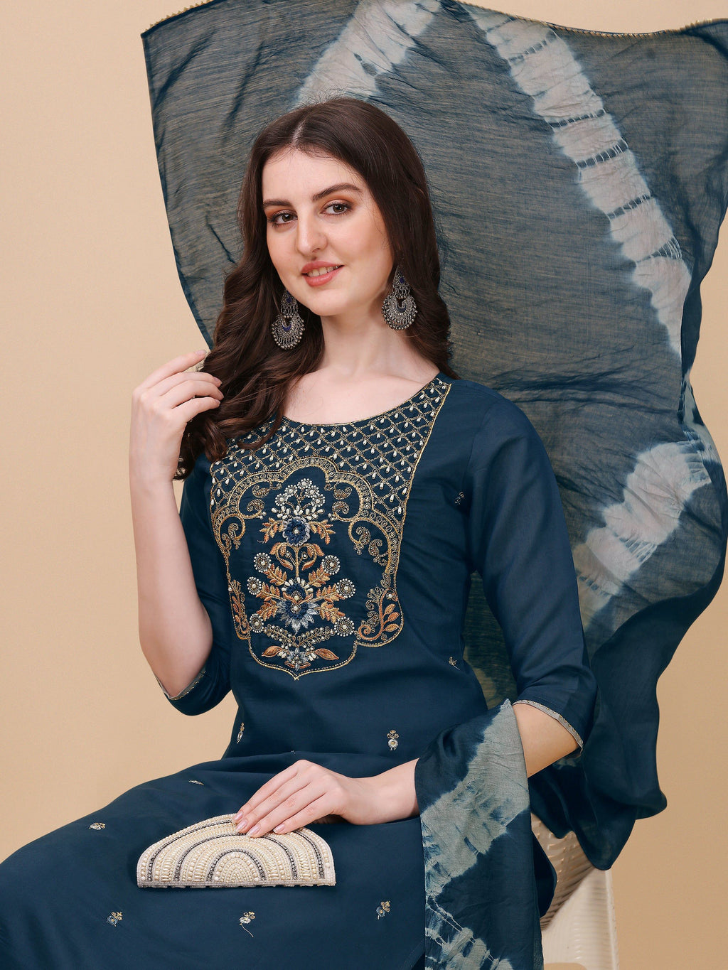 Embroidered Kurta With Pant And Dupatta Set, Multicolor - Hiral Fashion