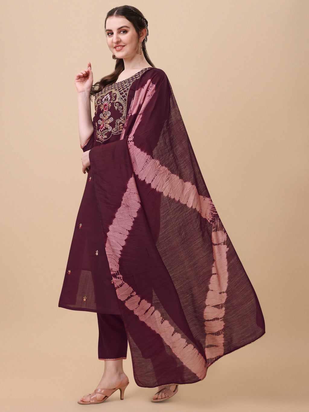 Embroidered Kurta With Pant And Dupatta Set, Multicolor - Hiral Fashion - Distacart