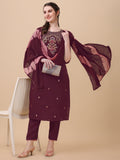Embroidered Kurta With Pant And Dupatta Set, Multicolor - Hiral Fashion - Distacart