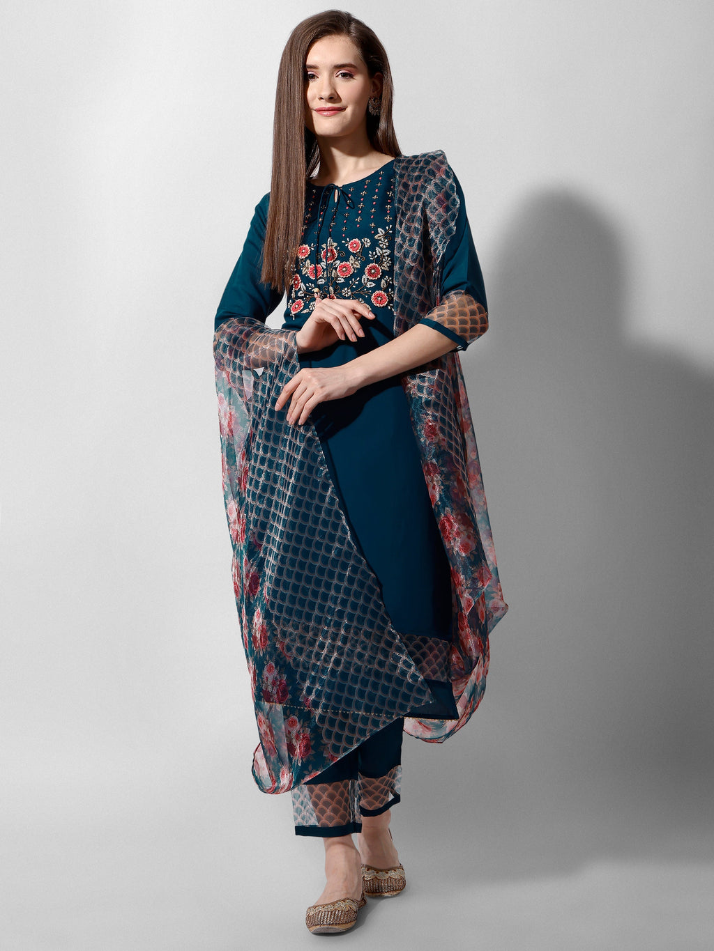 Hand Embroidered Kurta With Pant And Organza Dupatta Set Premium, Multicolor - Hiral Fashion - Distacart