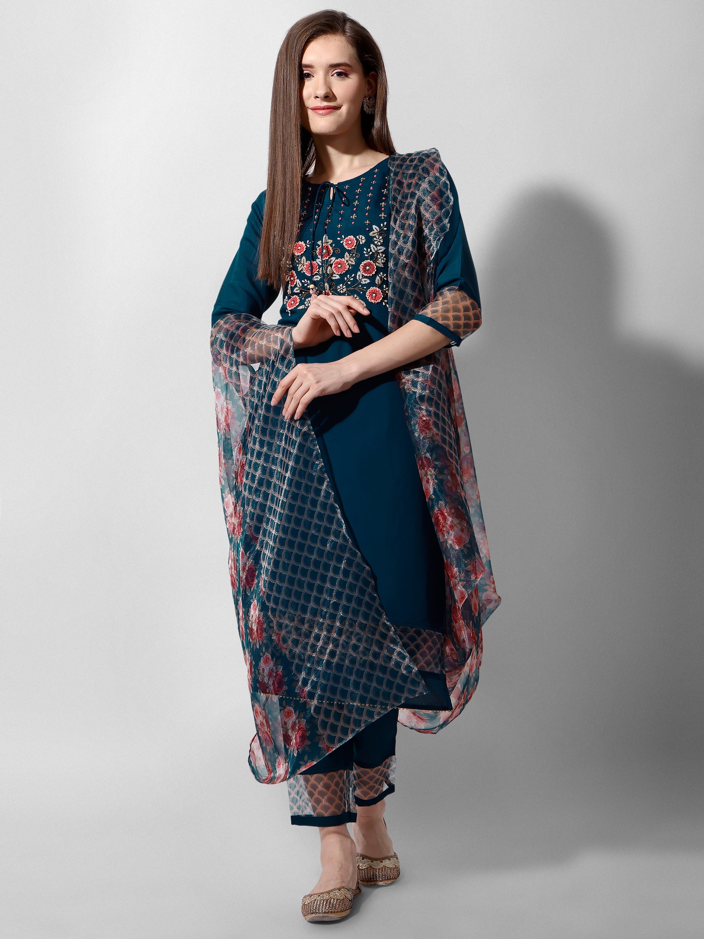 Hand Embroidered Kurta With Pant And Organza Dupatta Set Premium, Multicolor - Hiral Fashion - Distacart