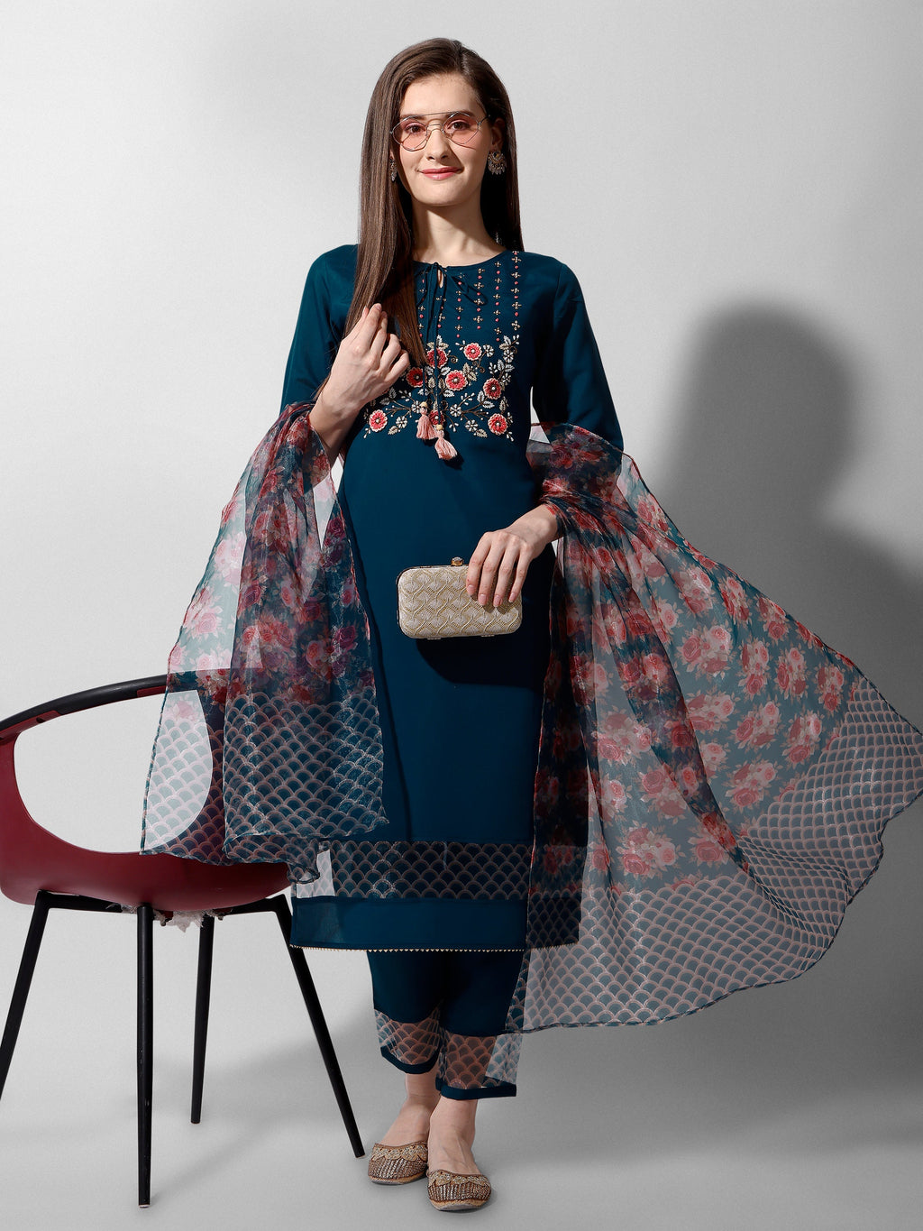 Hand Embroidered Kurta With Pant And Organza Dupatta Set Premium, Multicolor - Hiral Fashion - Distacart