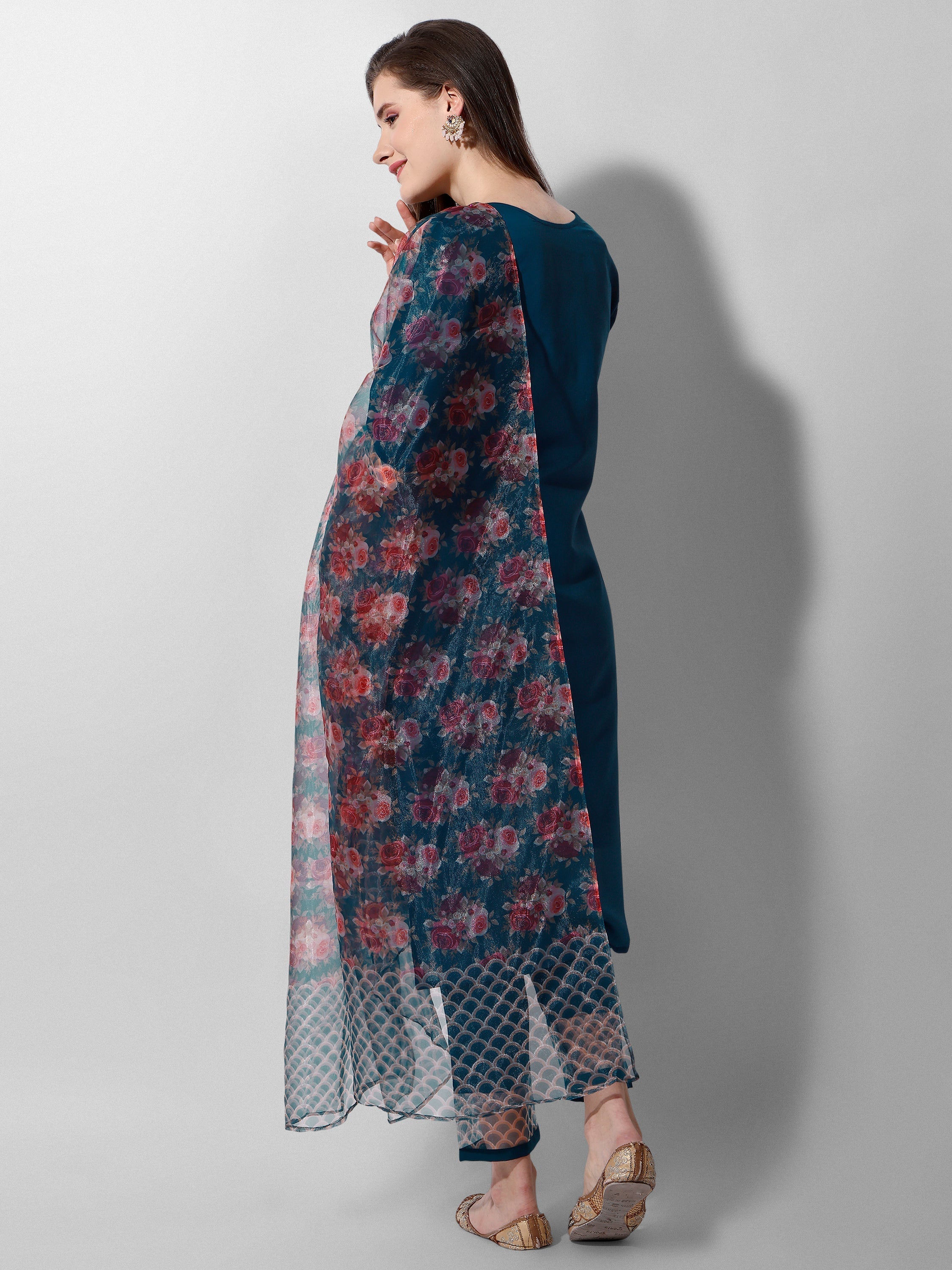 Hand Embroidered Kurta With Pant And Organza Dupatta Set Premium, Multicolor - Hiral Fashion - Distacart