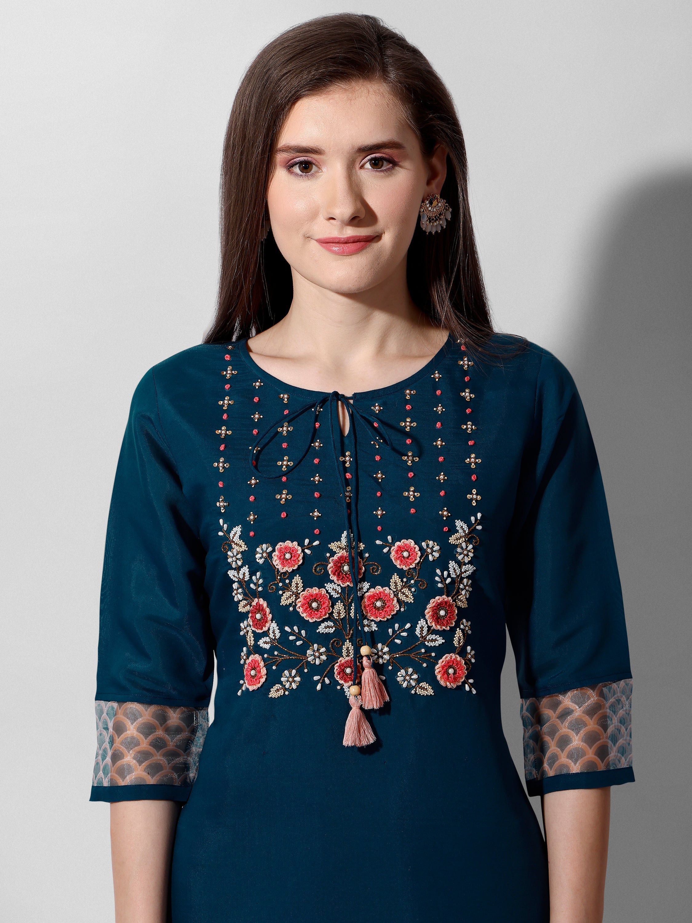 Hand Embroidered Kurta With Pant And Organza Dupatta Set Premium, Multicolor - Hiral Fashion - Distacart