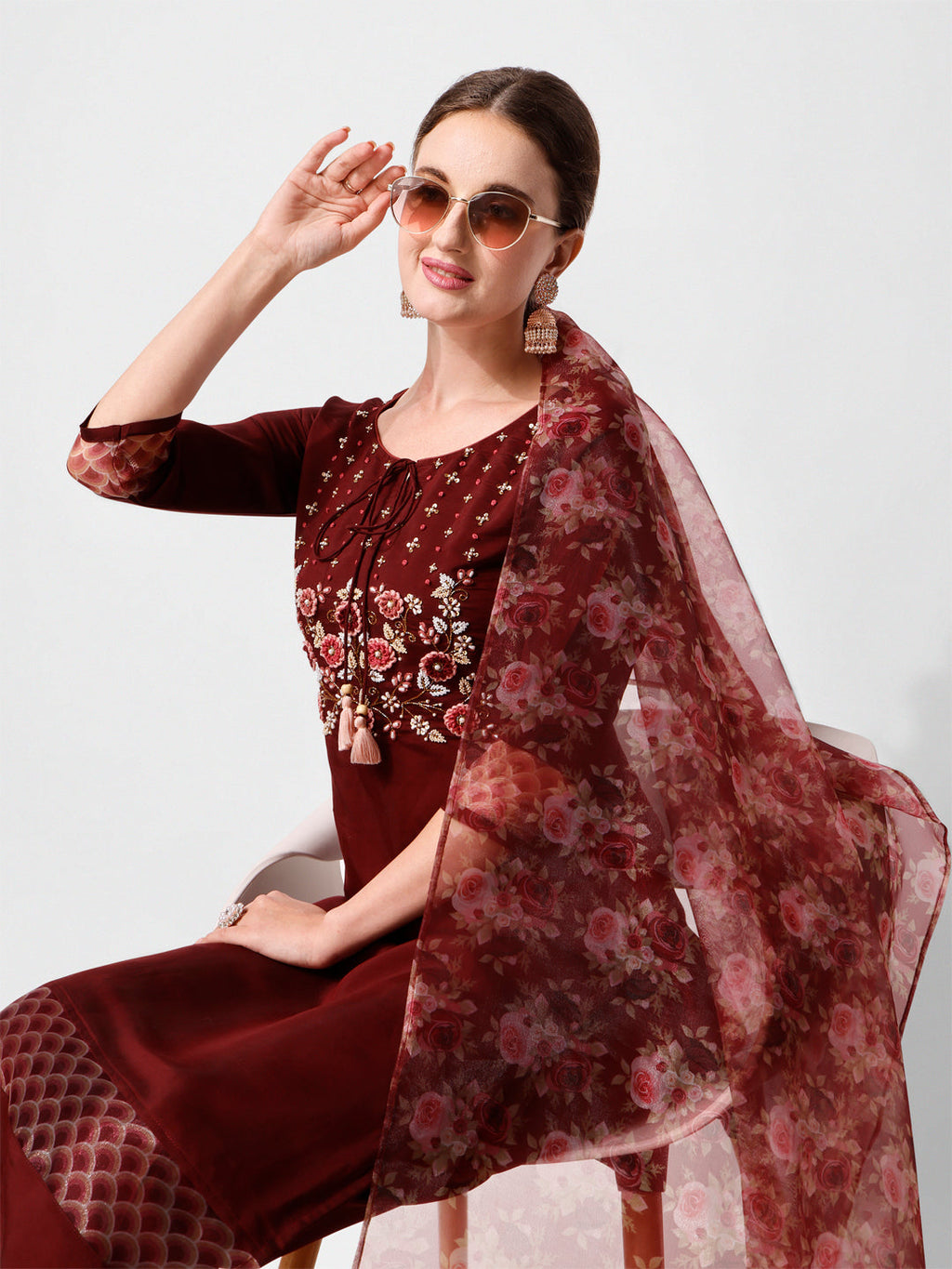 Hand Embroidered Kurta With Pant And Dupatta Set Premium, Multicolor - Hiral Fashion - Distacart