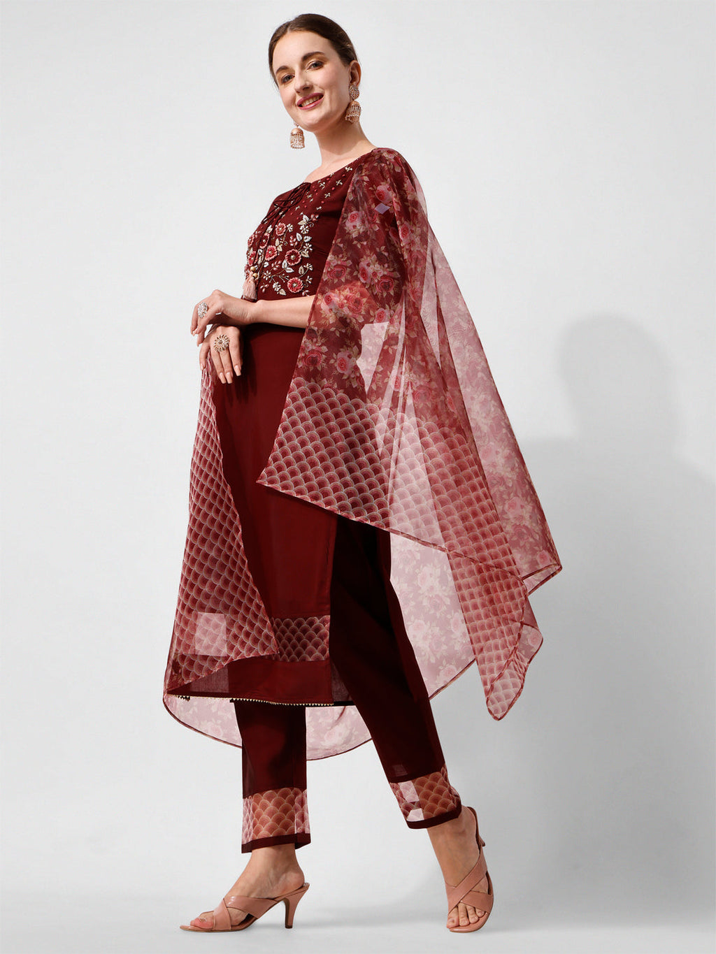Hand Embroidered Kurta With Pant And Dupatta Set Premium, Multicolor - Hiral Fashion - Distacart