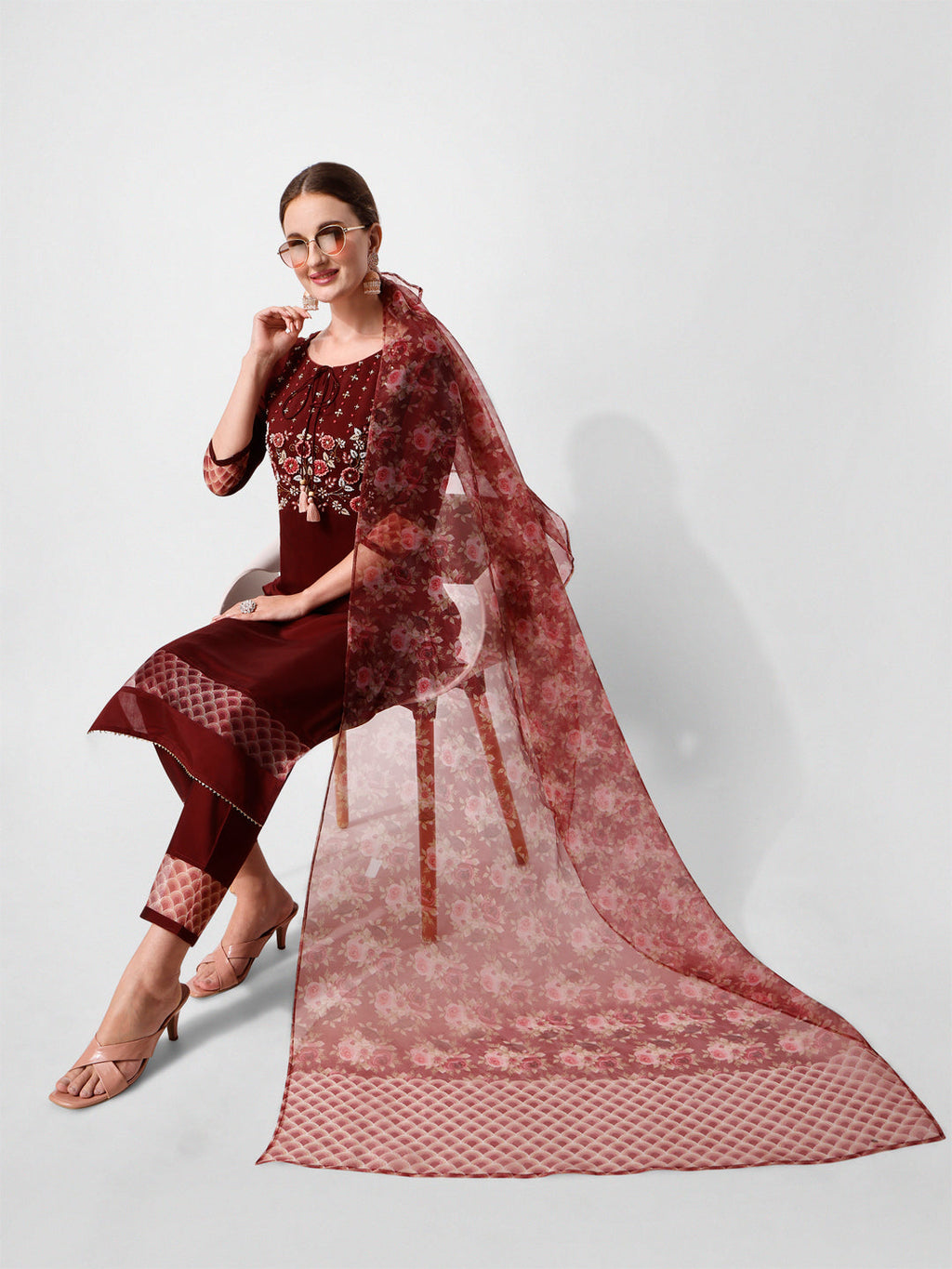Hand Embroidered Kurta With Pant And Dupatta Set Premium, Multicolor - Hiral Fashion - Distacart