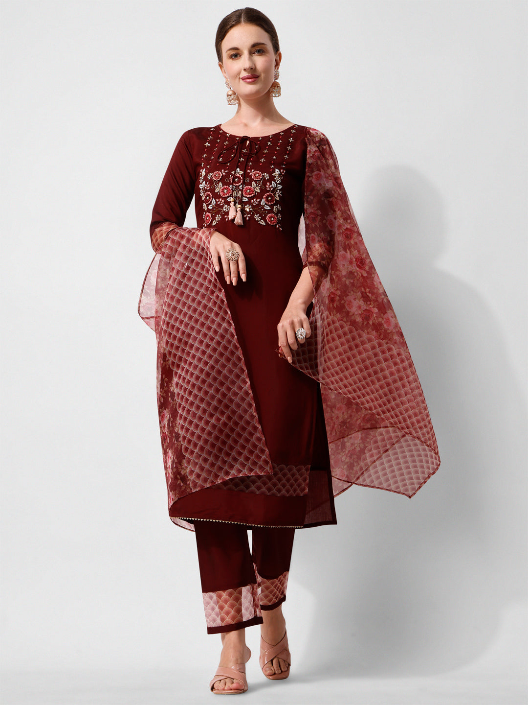 Hand Embroidered Kurta With Pant And Dupatta Set Premium, Multicolor - Hiral Fashion - Distacart