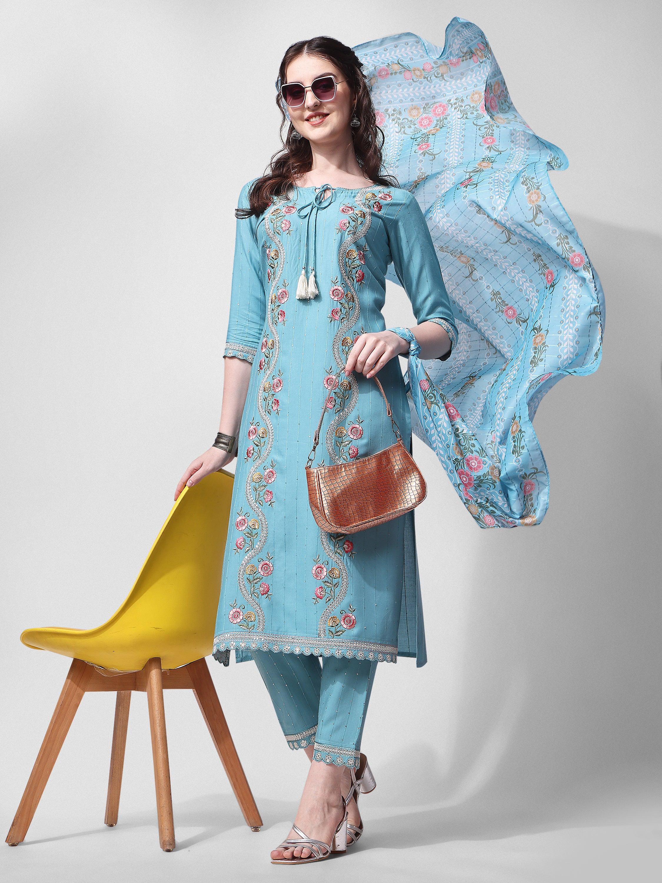 Embroidered Rayon Sequined Kurta With Pant & Dupatta Set Premium, Multicolor - Hiral Fashion