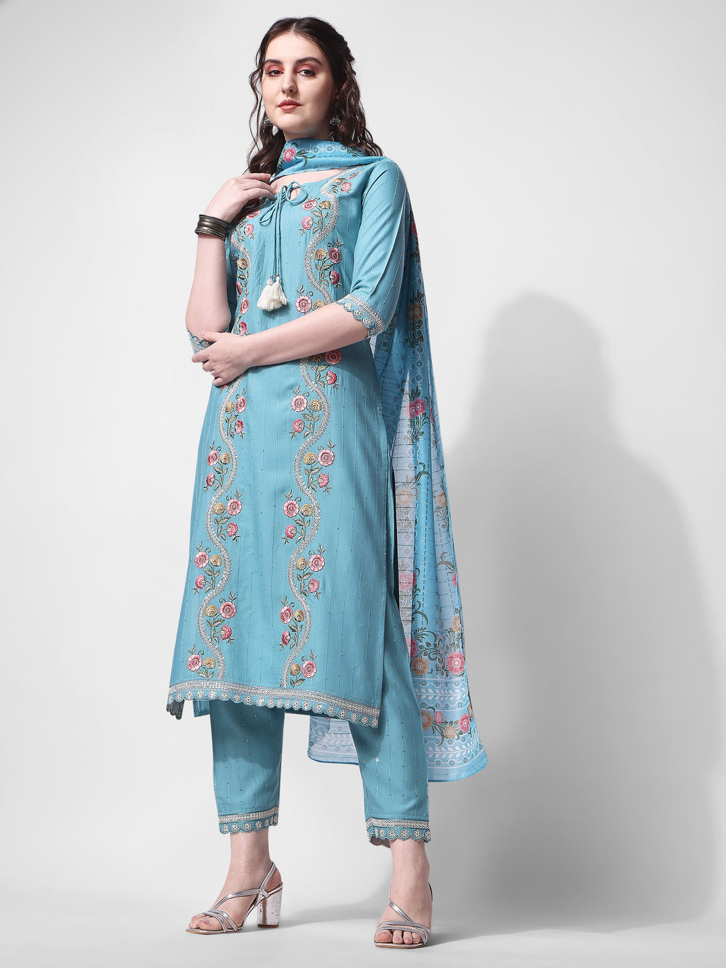 Embroidered Rayon Sequined Kurta With Pant & Dupatta Set Premium, Multicolor - Hiral Fashion