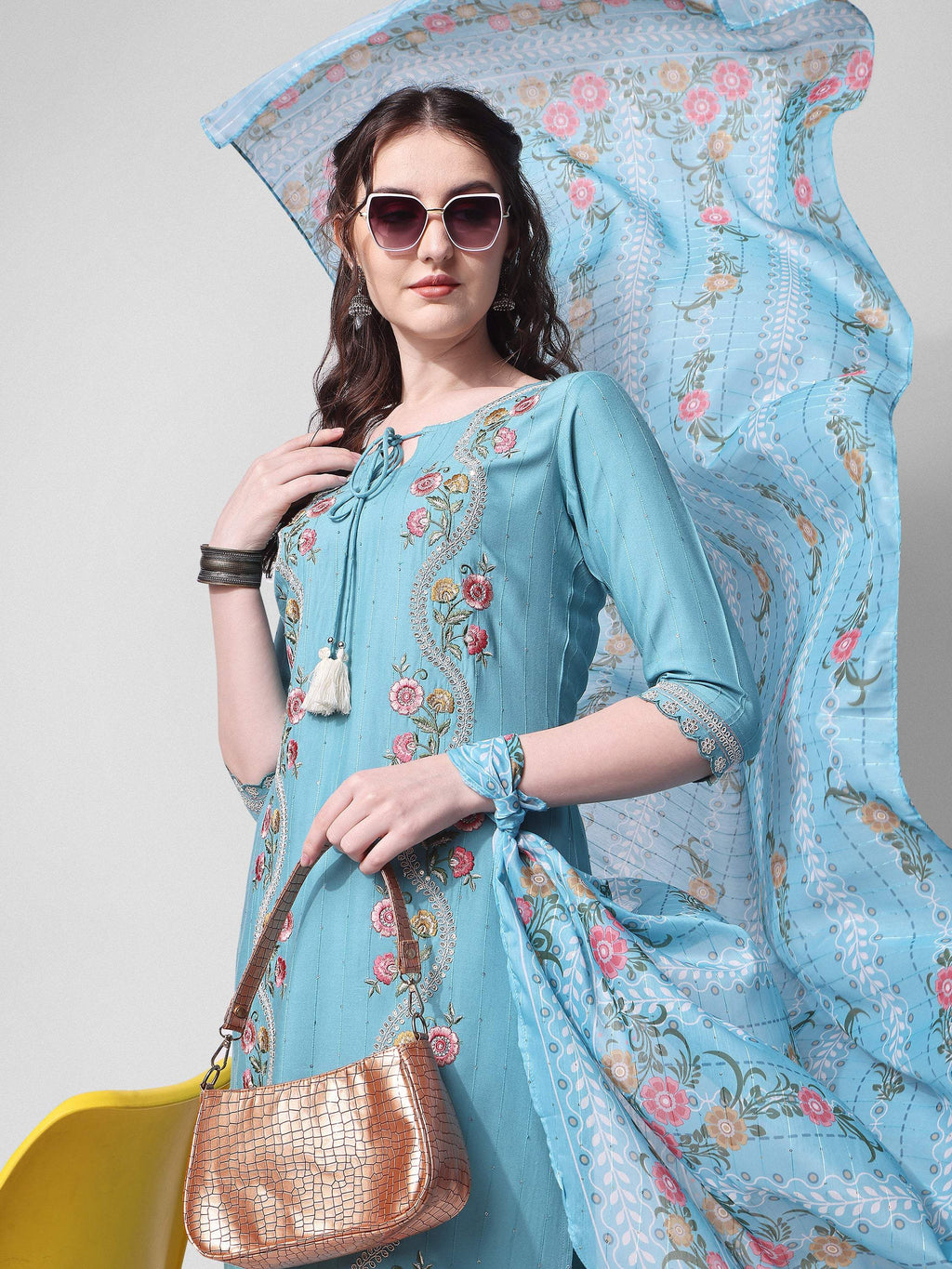Embroidered Rayon Sequined Kurta With Pant & Dupatta Set Premium, Multicolor - Hiral Fashion