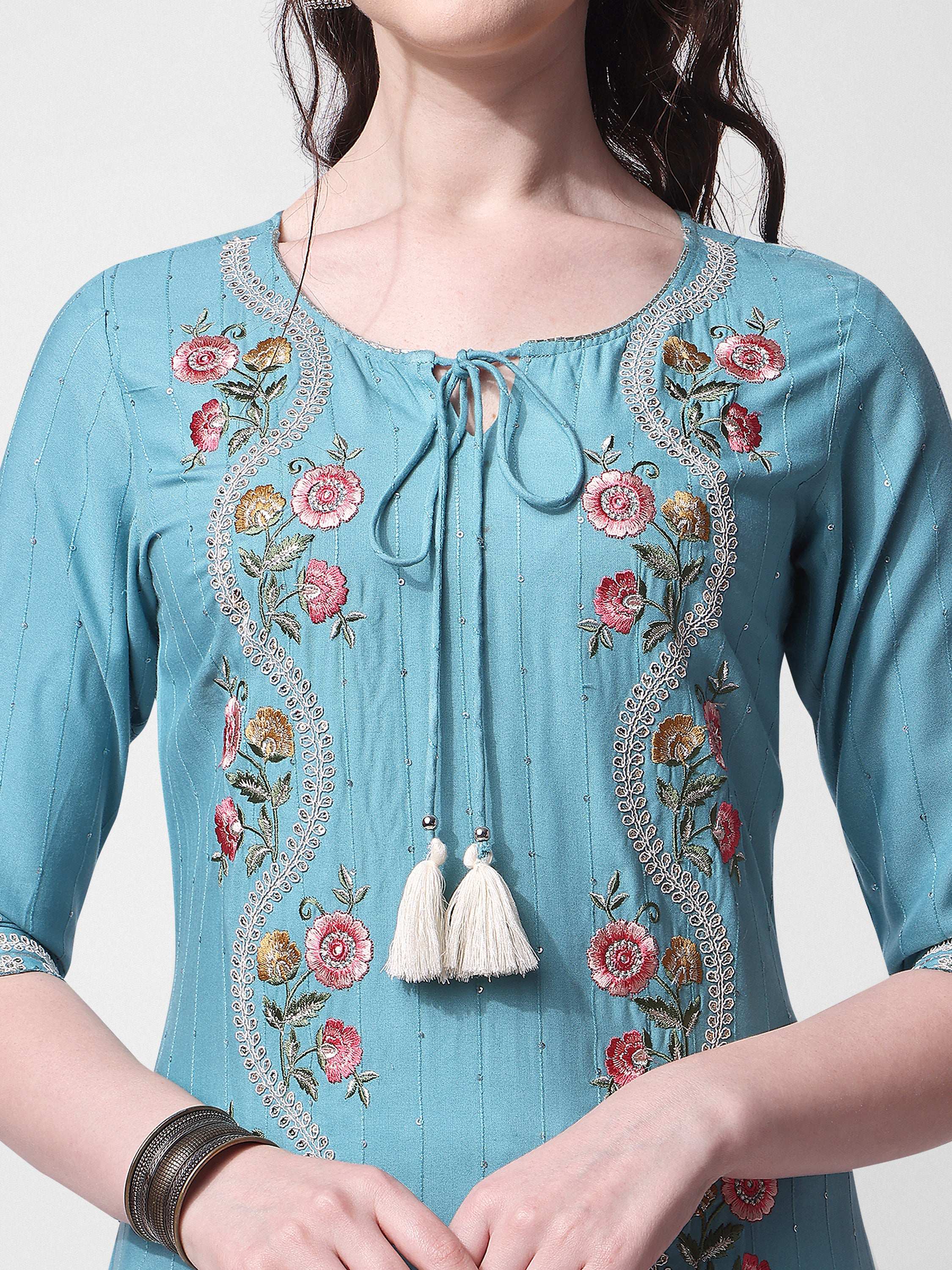 Embroidered Rayon Sequined Kurta With Pant & Dupatta Set Premium, Multicolor - Hiral Fashion