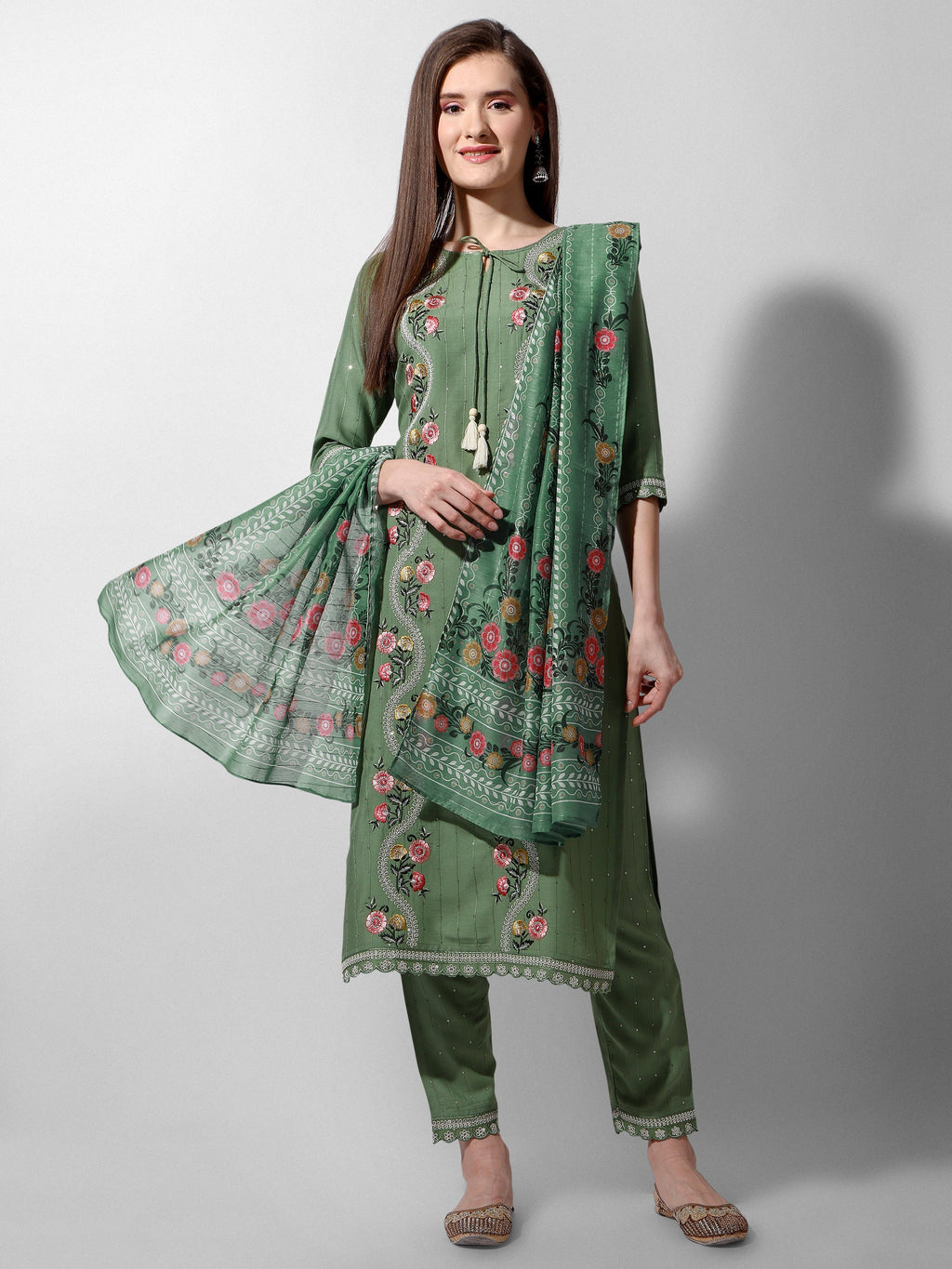 Embroidered Rayon Sequined Green Kurta With Pant & Dupatta Set Premium, Multicolor - Hiral Fashion - Distacart