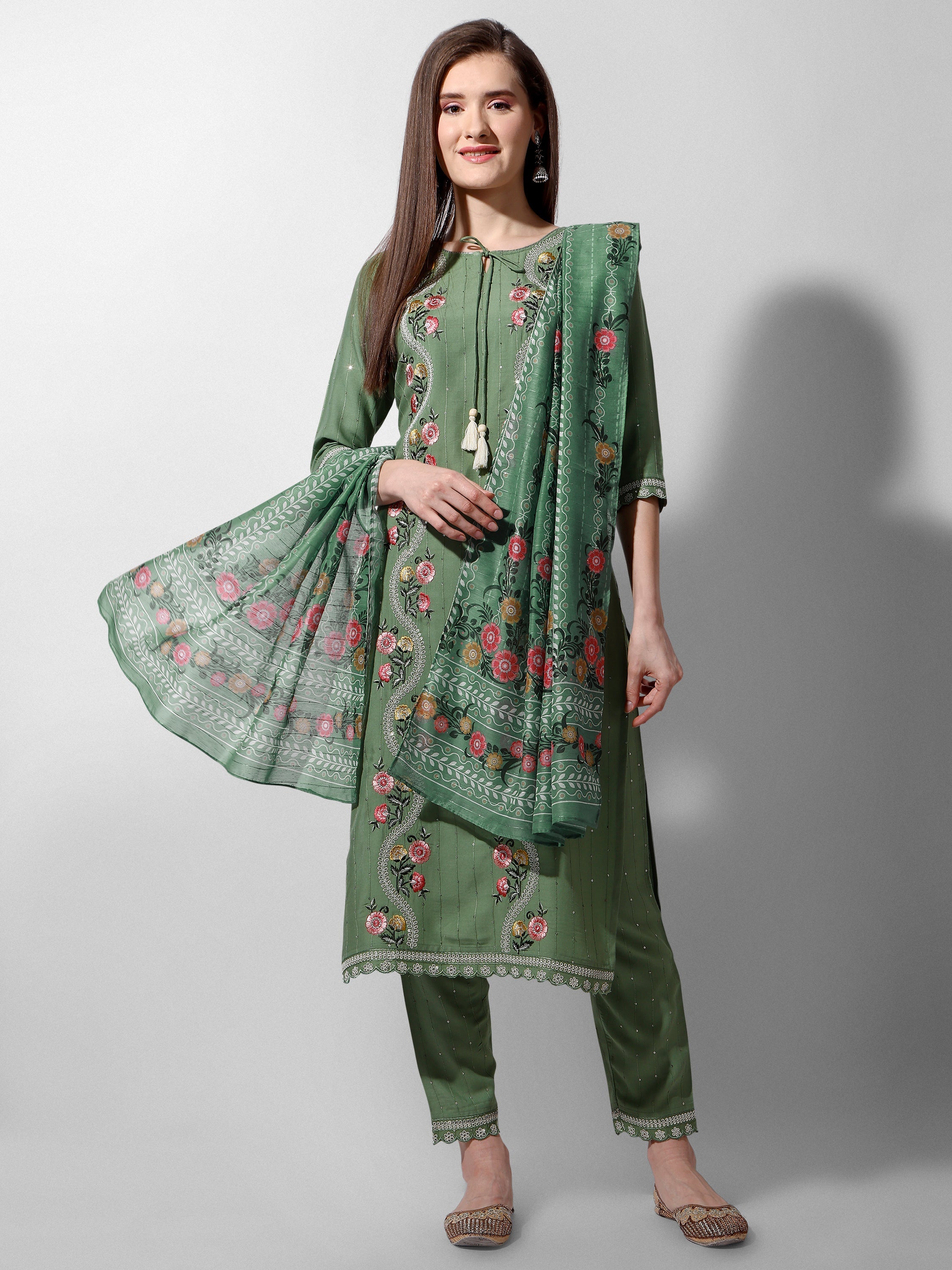 Embroidered Rayon Sequined Green Kurta With Pant & Dupatta Set Premium, Multicolor - Hiral Fashion - Distacart