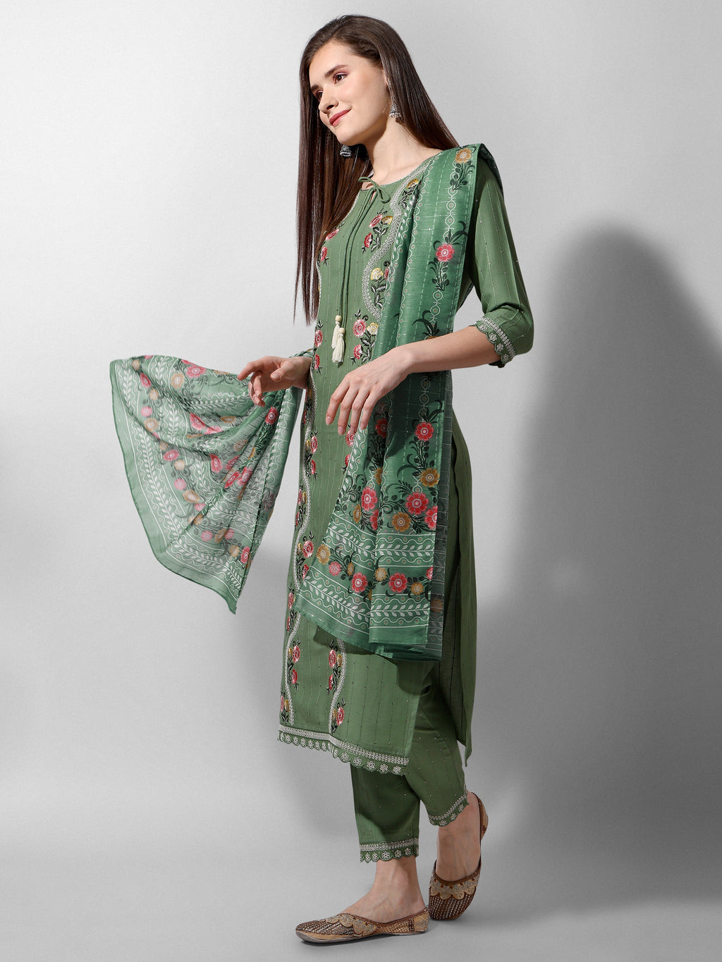 Embroidered Rayon Sequined Green Kurta With Pant & Dupatta Set Premium, Multicolor - Hiral Fashion - Distacart