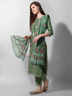 Embroidered Rayon Sequined Green Kurta With Pant & Dupatta Set Premium, Multicolor - Hiral Fashion - Distacart