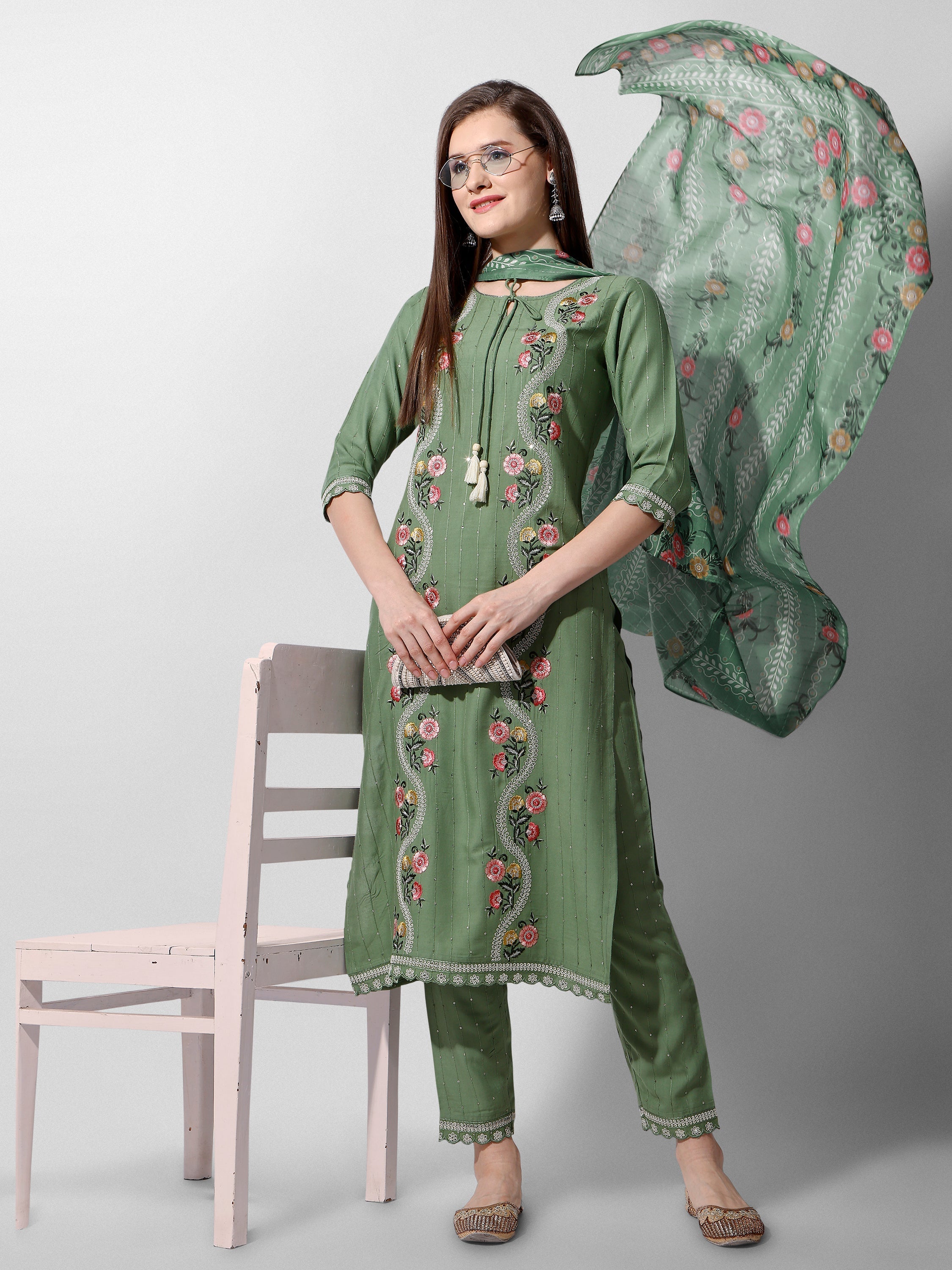 Embroidered Rayon Sequined Green Kurta With Pant & Dupatta Set Premium, Multicolor - Hiral Fashion - Distacart
