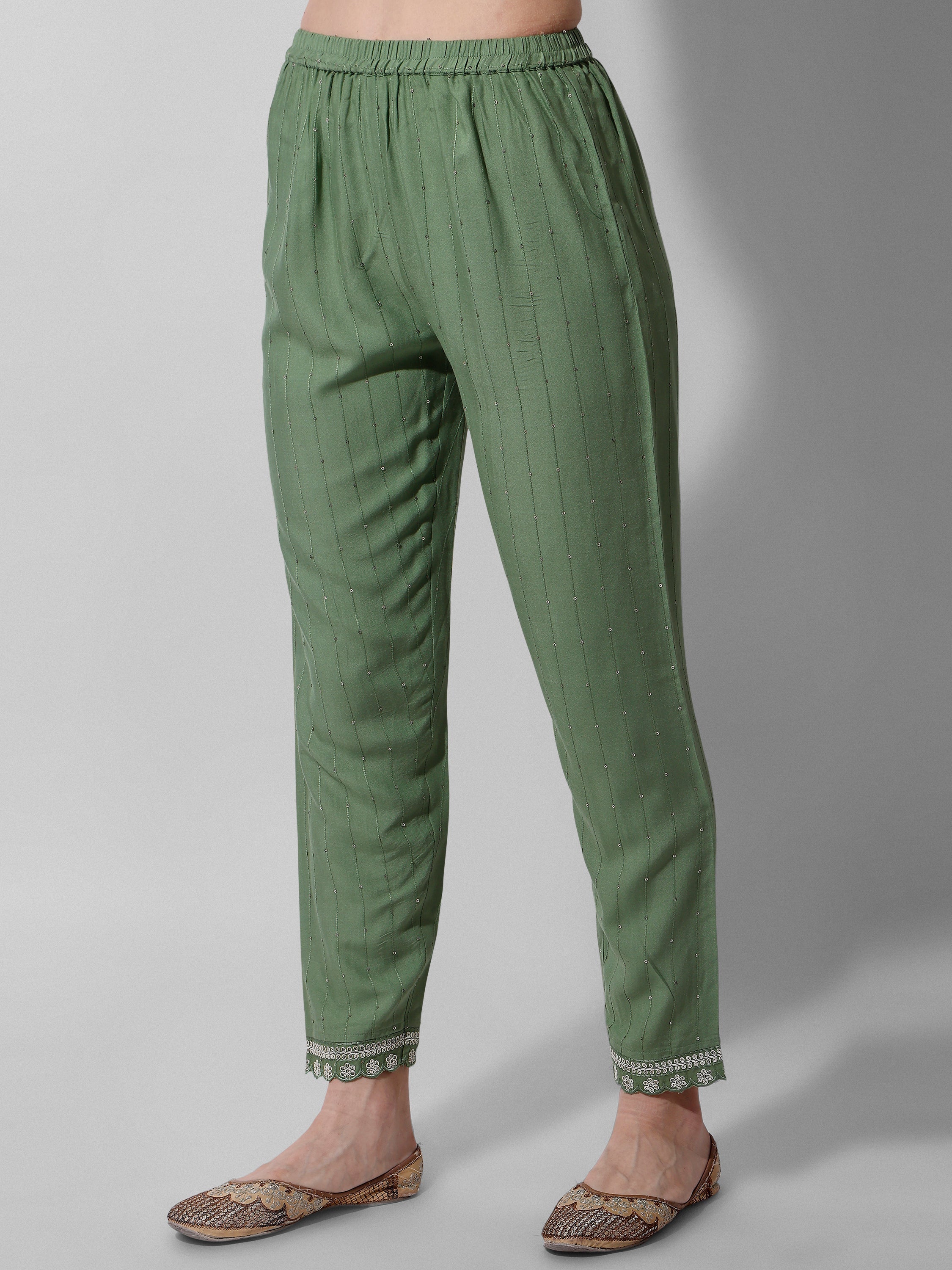 Embroidered Rayon Sequined Green Kurta With Pant & Dupatta Set Premium, Multicolor - Hiral Fashion - Distacart