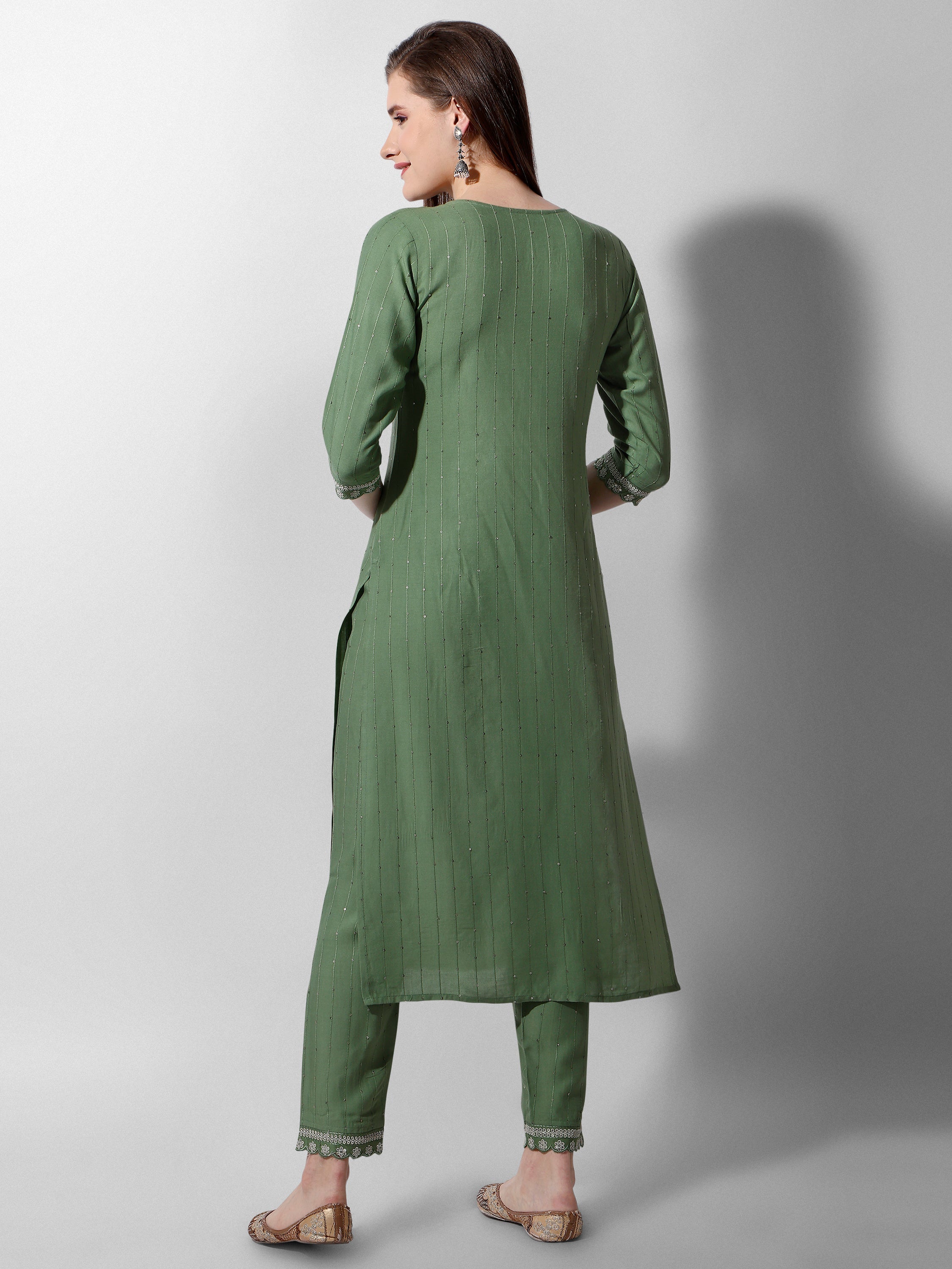 Embroidered Rayon Sequined Green Kurta With Pant & Dupatta Set Premium, Multicolor - Hiral Fashion - Distacart