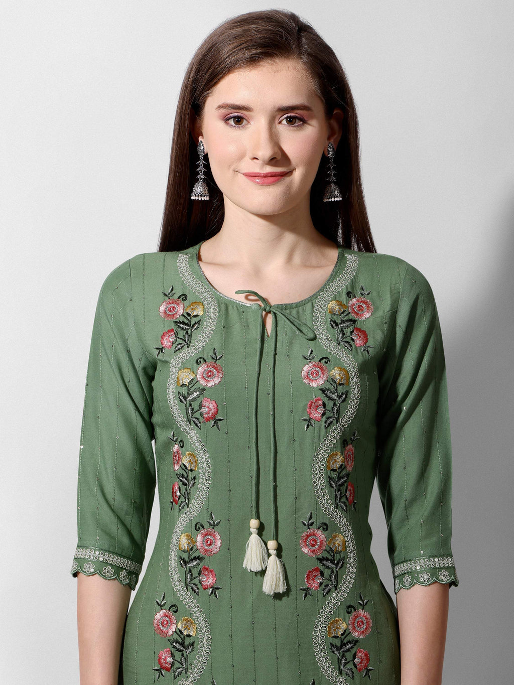 Embroidered Rayon Sequined Green Kurta With Pant & Dupatta Set Premium, Multicolor - Hiral Fashion - Distacart