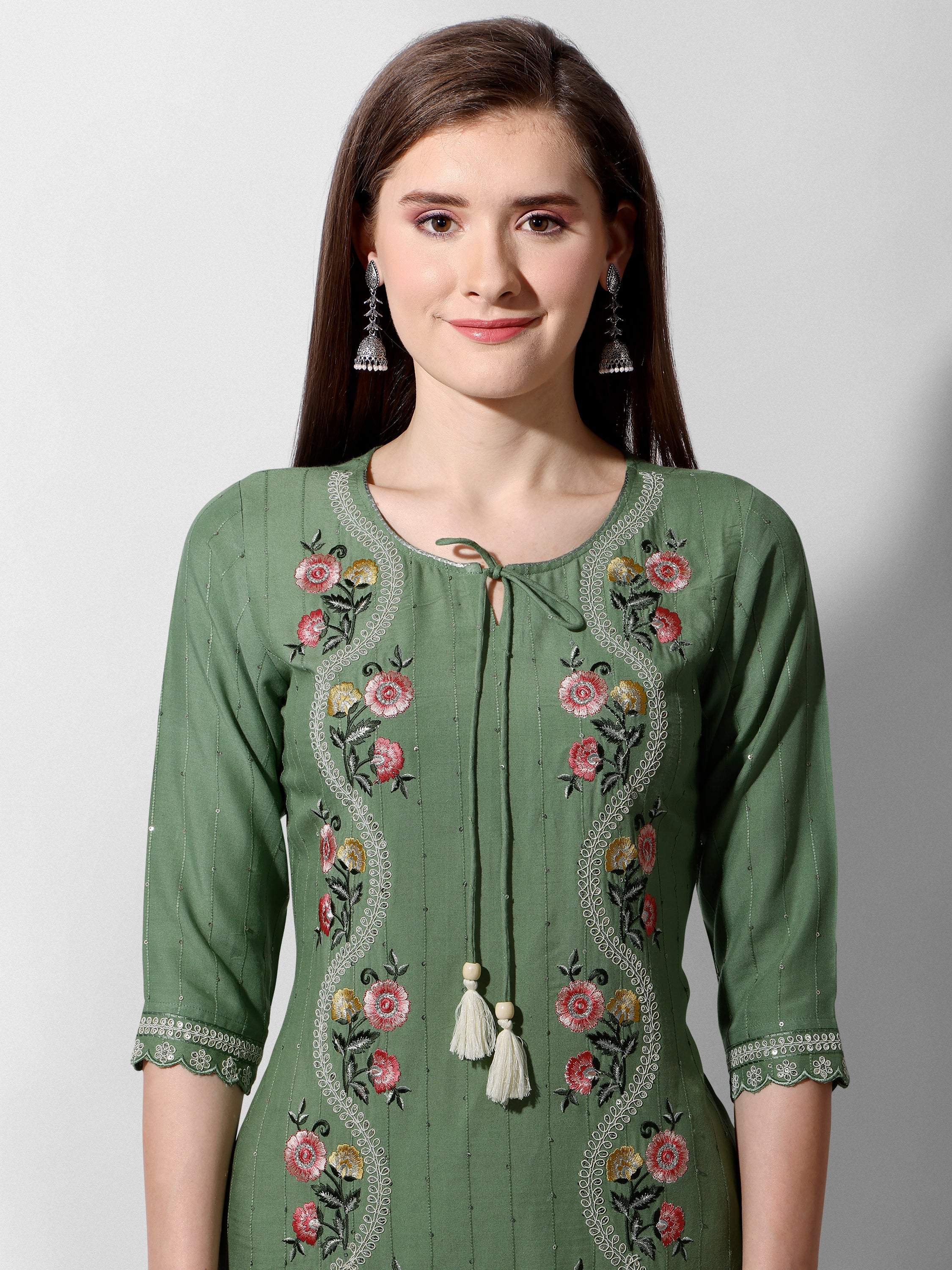 Embroidered Rayon Sequined Green Kurta With Pant & Dupatta Set Premium, Multicolor - Hiral Fashion - Distacart