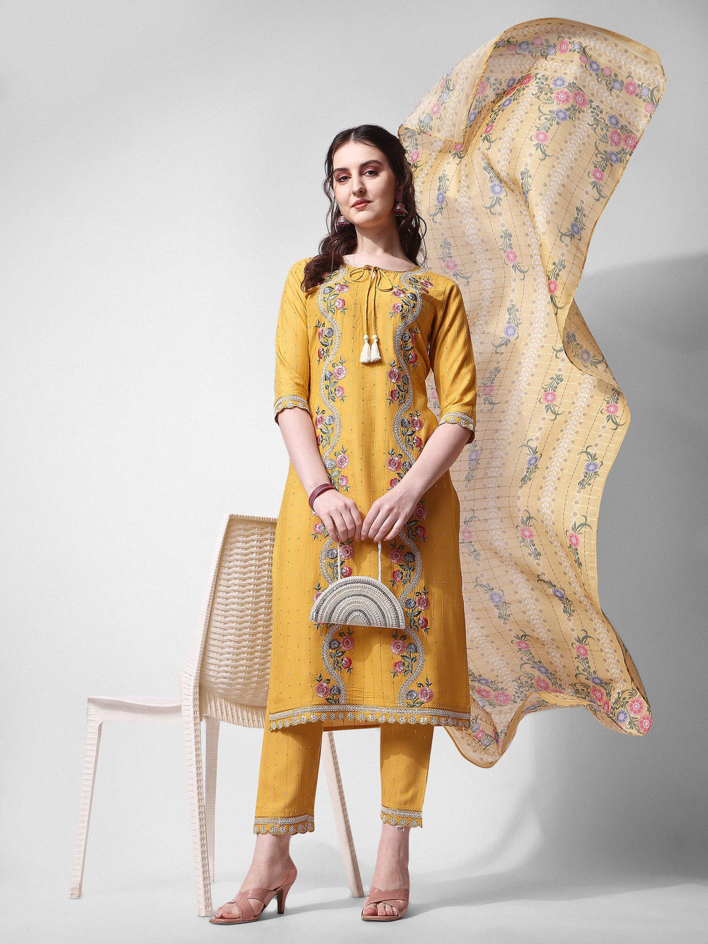 Embroidered Rayon Sequined Kurta With Pant & Dupatta Set Premium, Multicolor - Hiral Fashion - Distacart