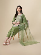 Embroidered Kurta With Pant And Dupatta Set, Multicolor - Hiral Fashion - Distacart