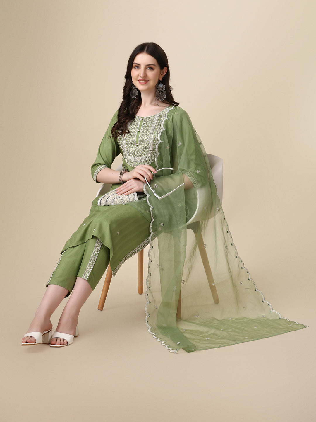 Embroidered Kurta With Pant And Dupatta Set, Multicolor - Hiral Fashion - Distacart