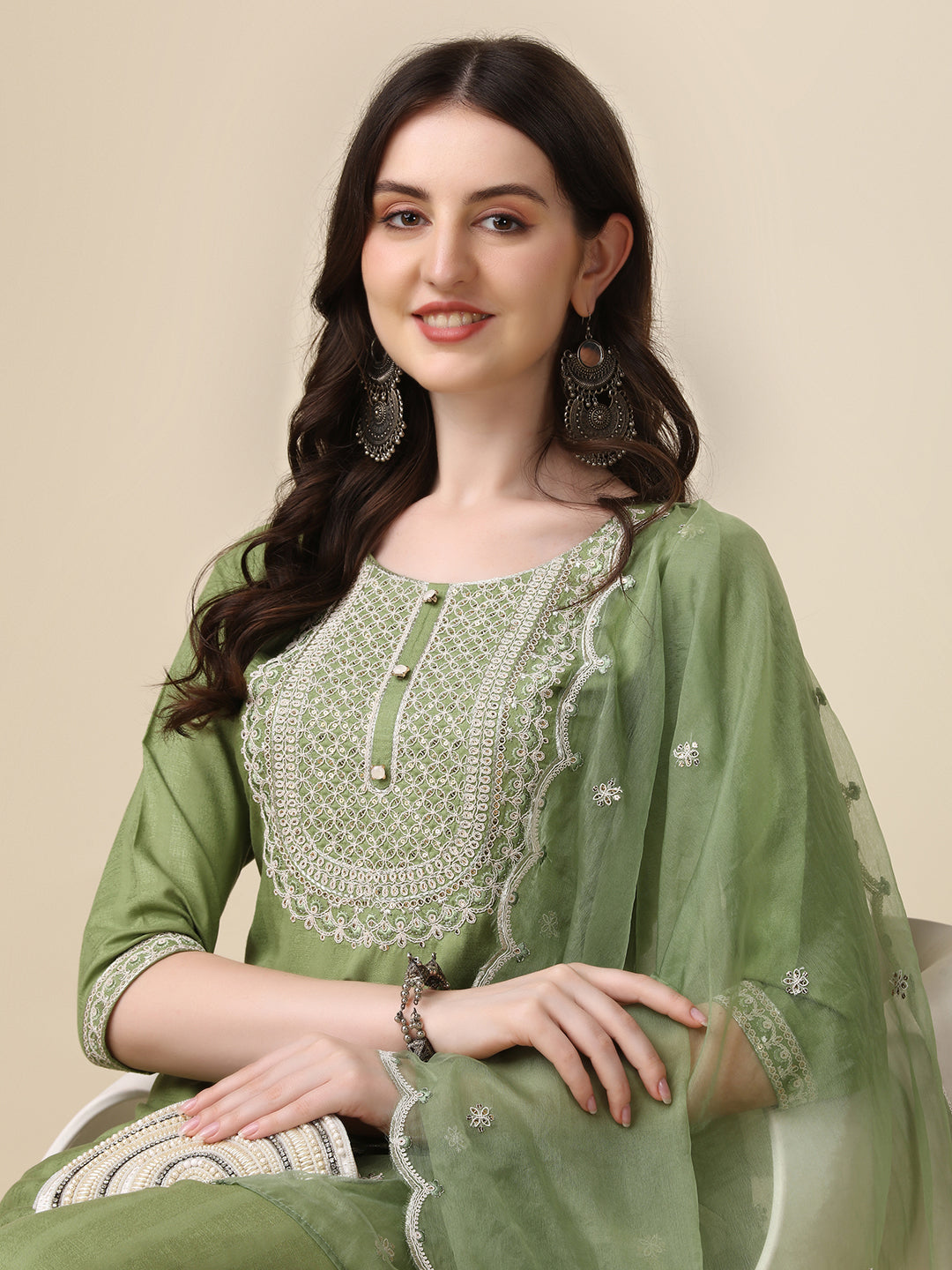 Embroidered Kurta With Pant And Dupatta Set, Multicolor - Hiral Fashion - Distacart