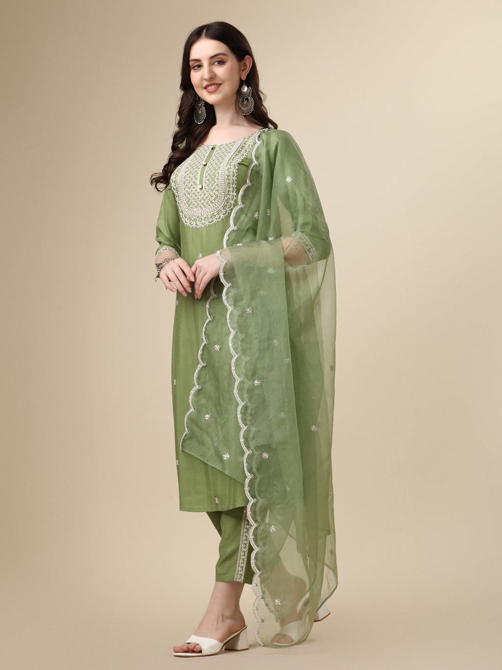 Embroidered Kurta With Pant And Dupatta Set, Multicolor - Hiral Fashion - Distacart
