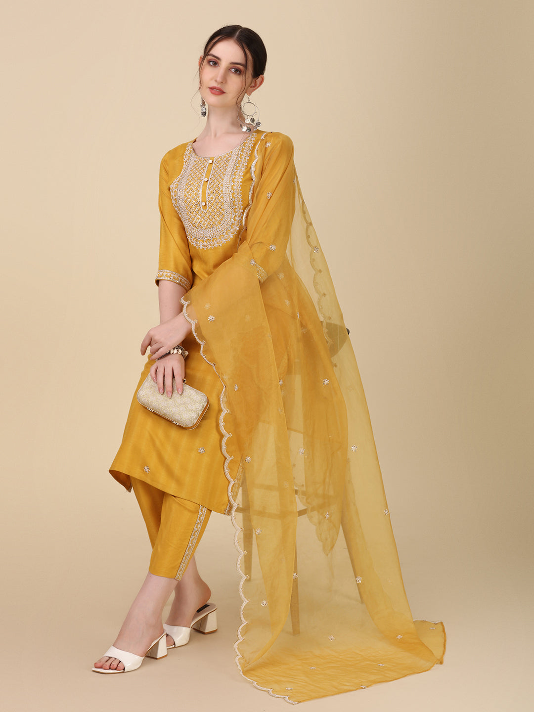 Embroidered Kurta With Pant And Dupatta Set Premium, Multicolor - Hiral Fashion - Distacart