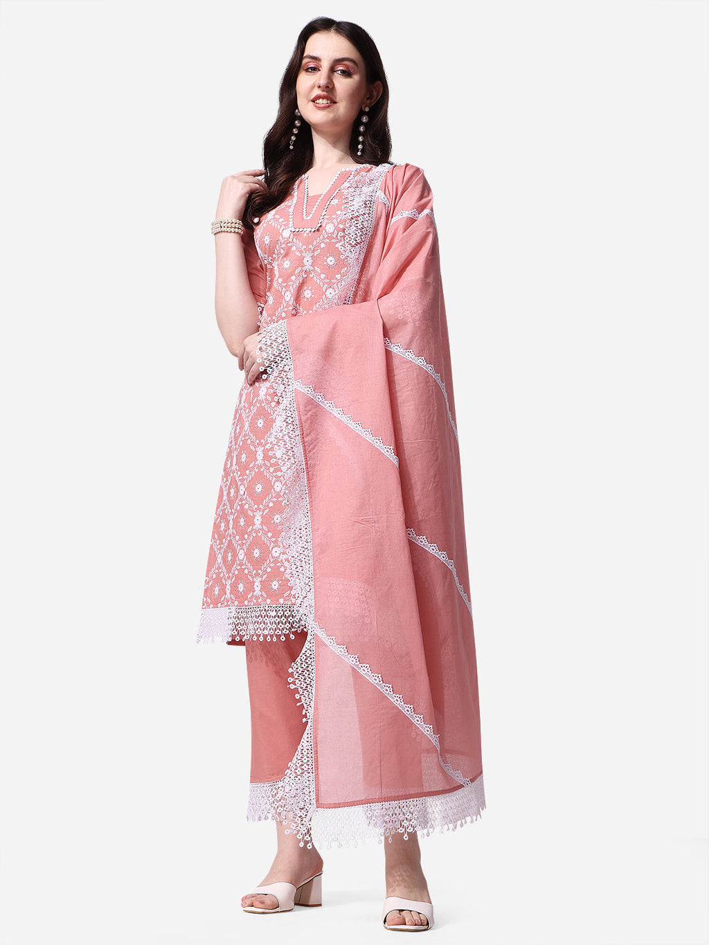 Lucknawi Embroidered Kurta With Pant & Dupatta Set, Multicolor - Hiral Fashion - Distacart